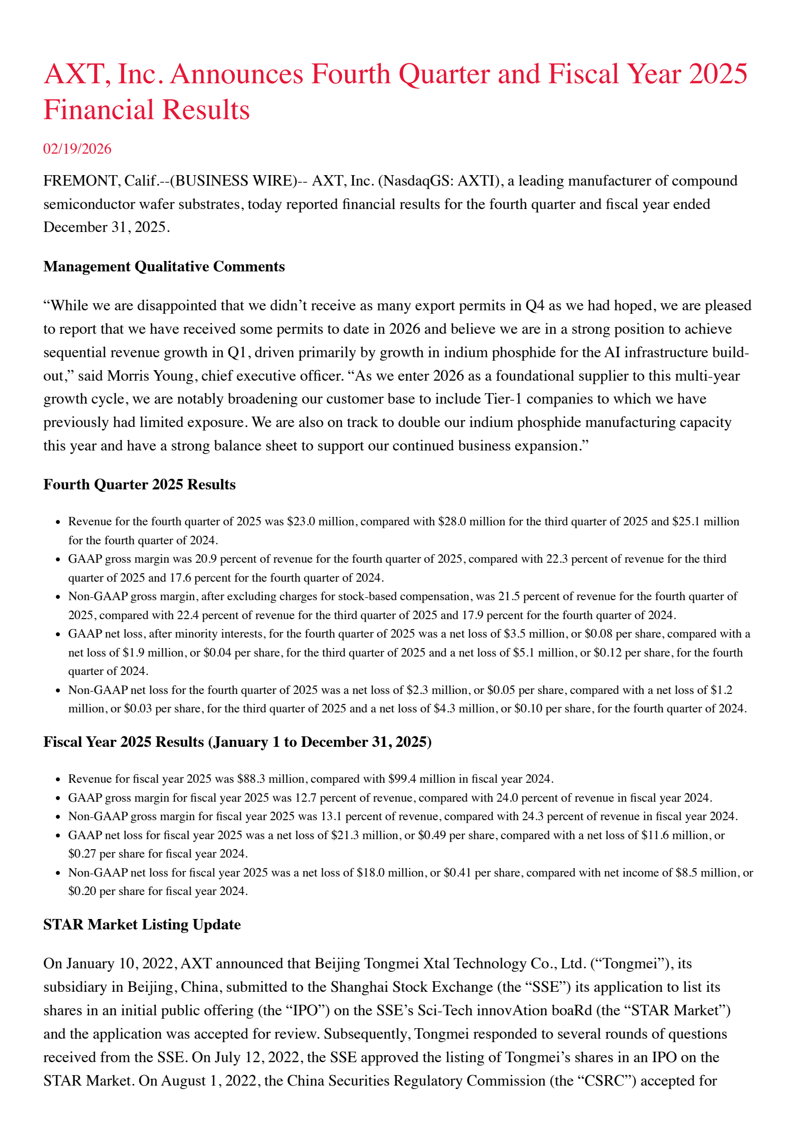 AXT's Q4 2025 Press Release