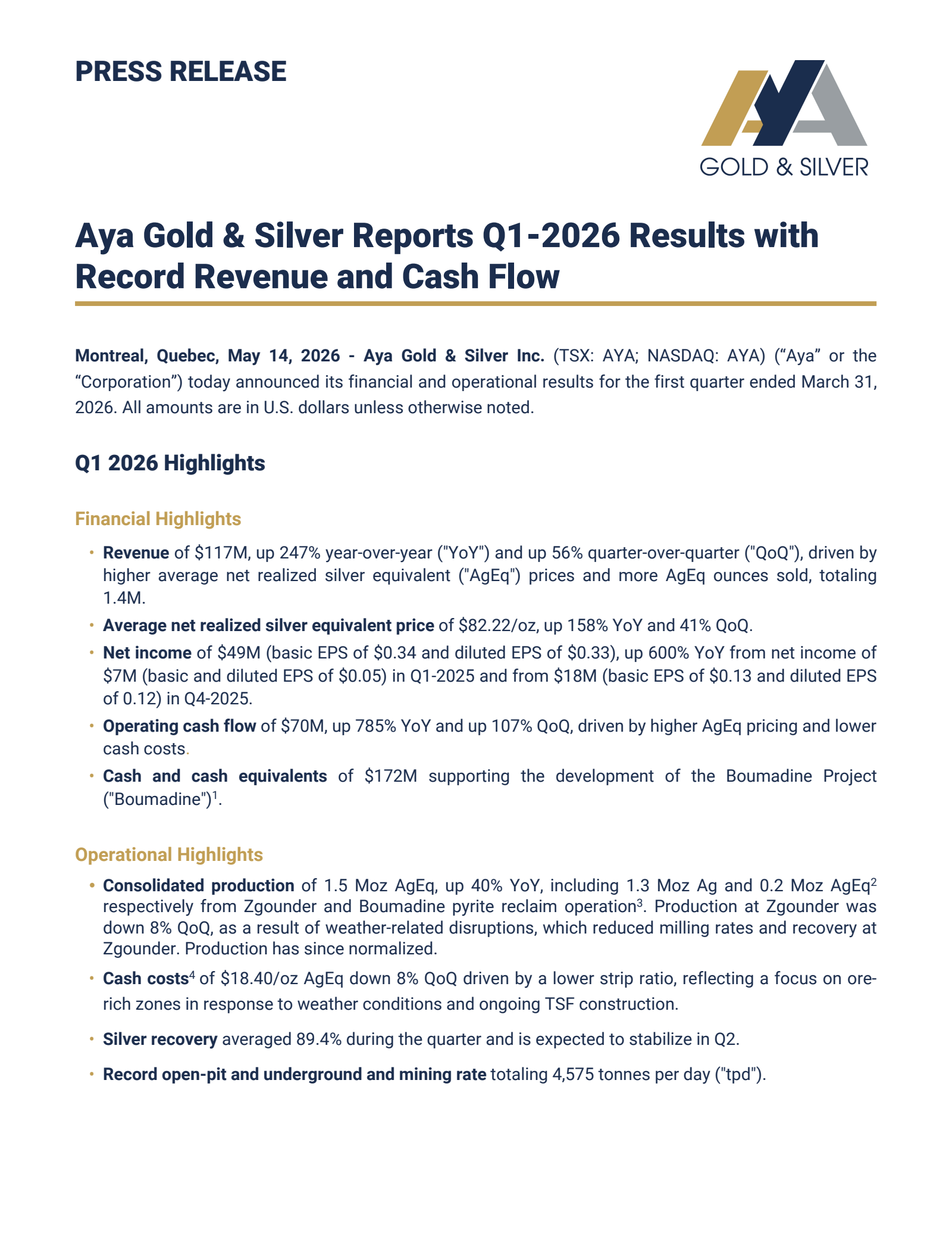 Aya Gold & Silver's Q1 2026 Press Release