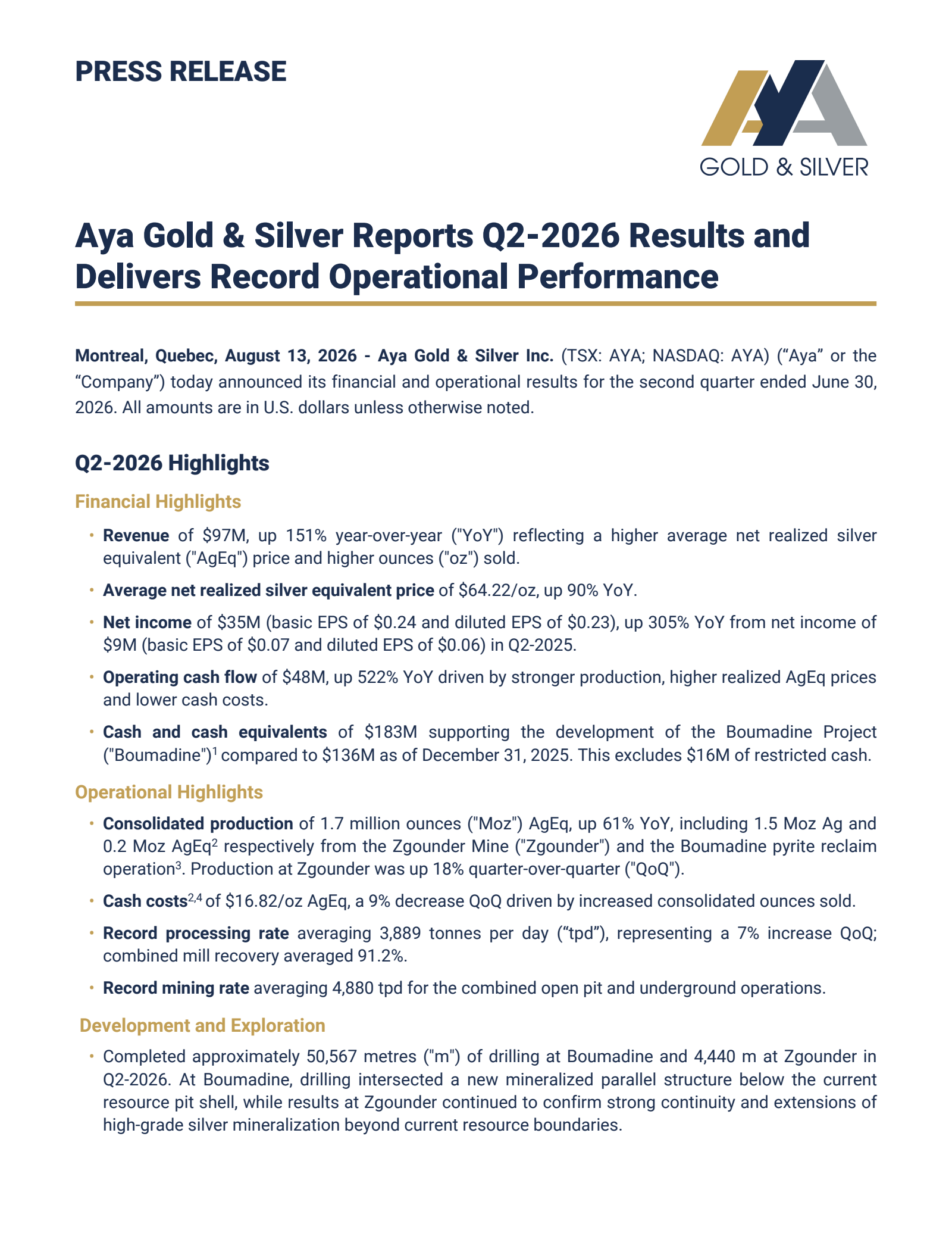 Aya Gold & Silver's Q2 2026 Press Release