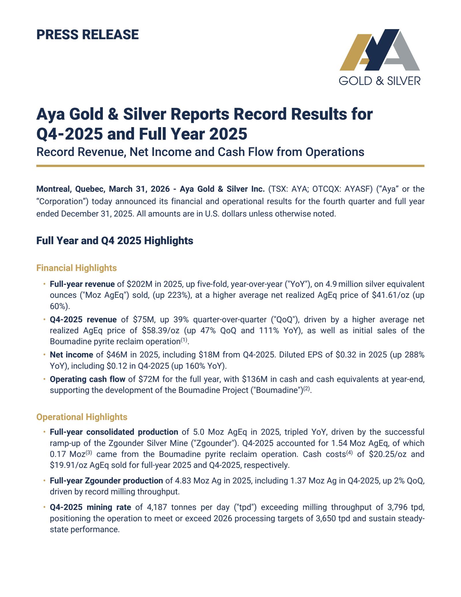 Aya Gold & Silver's Q4 2025 Press Release