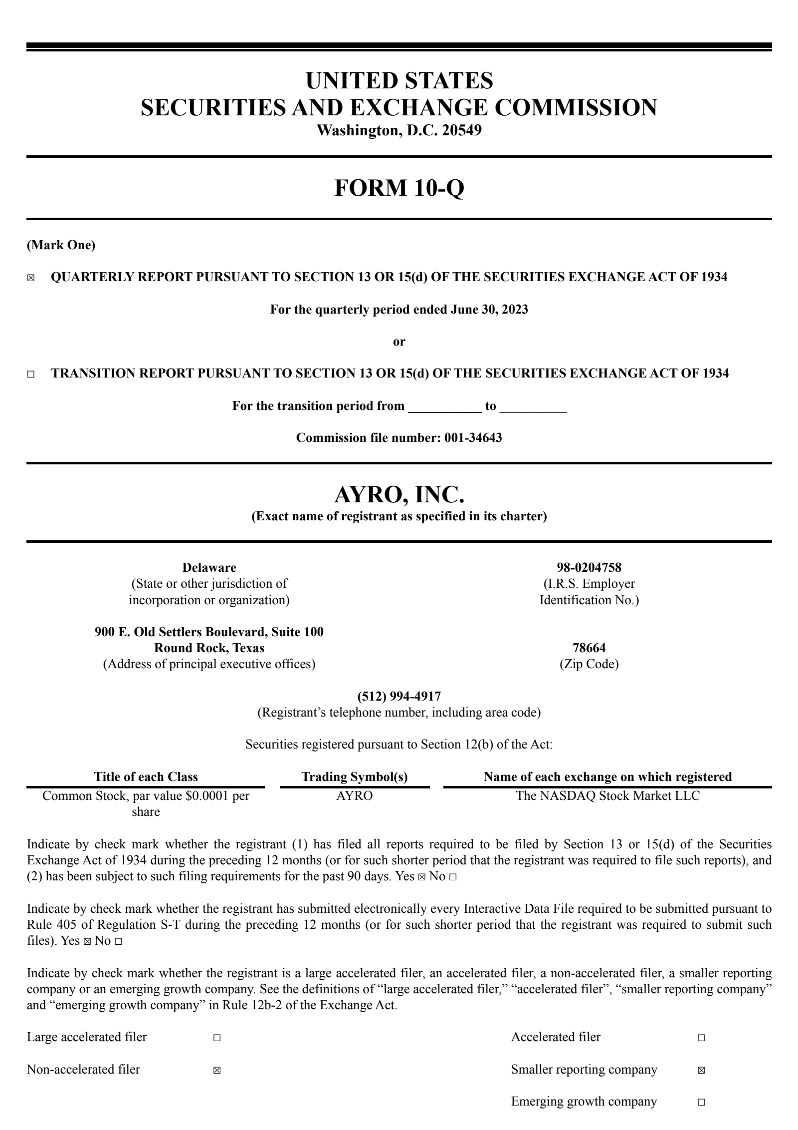 Ayro's Q2 2023 Quarterly report