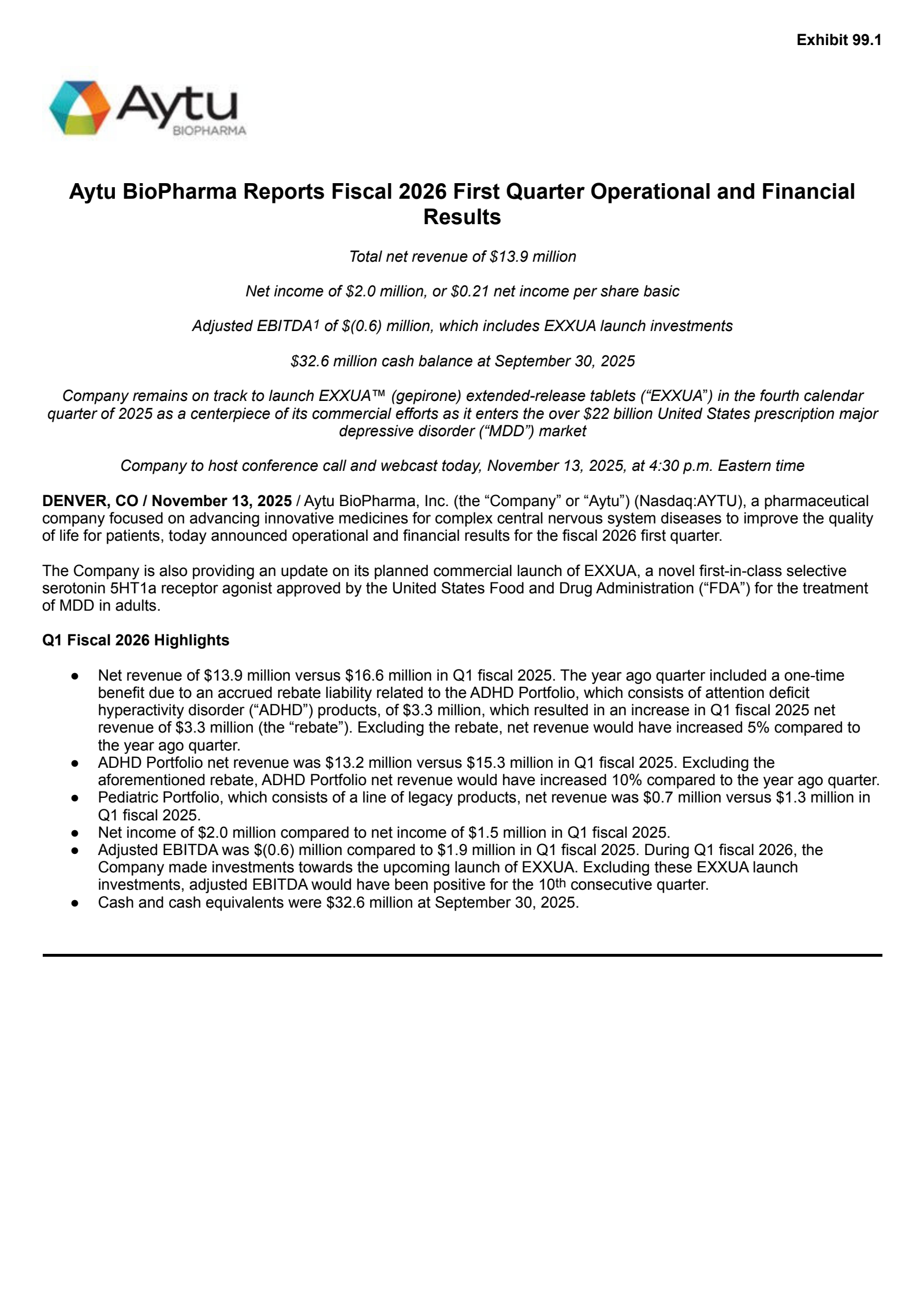 Aytu BioPharma's Q1 2026 Earnings Release