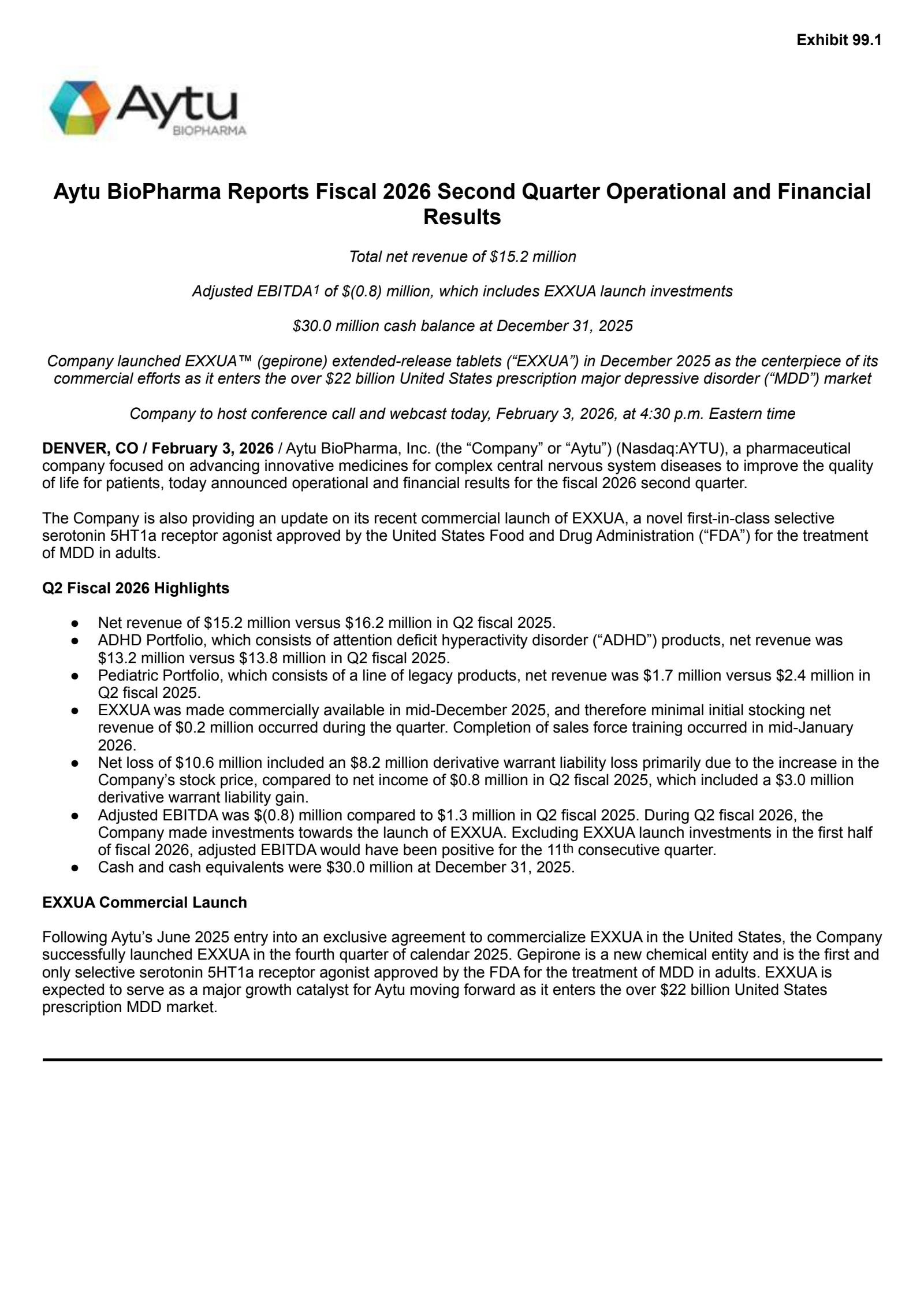 Aytu BioPharma's Q2 2026 Press Release
