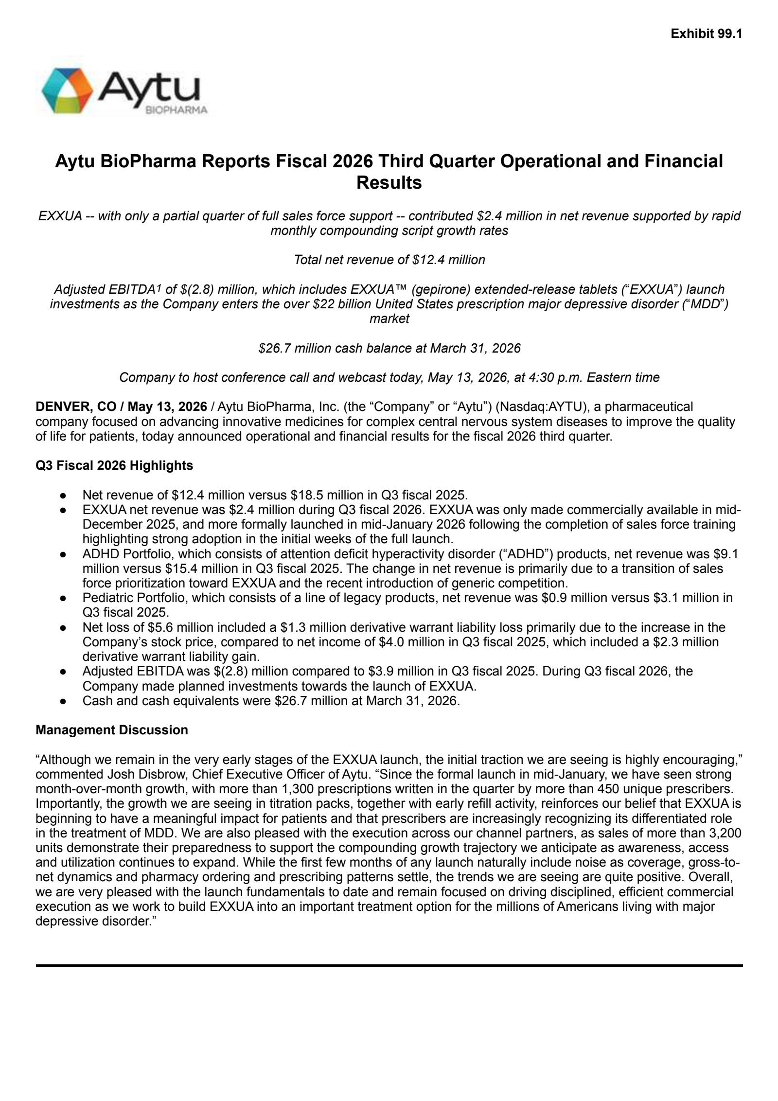 Aytu BioPharma's Q3 2026 Press Release