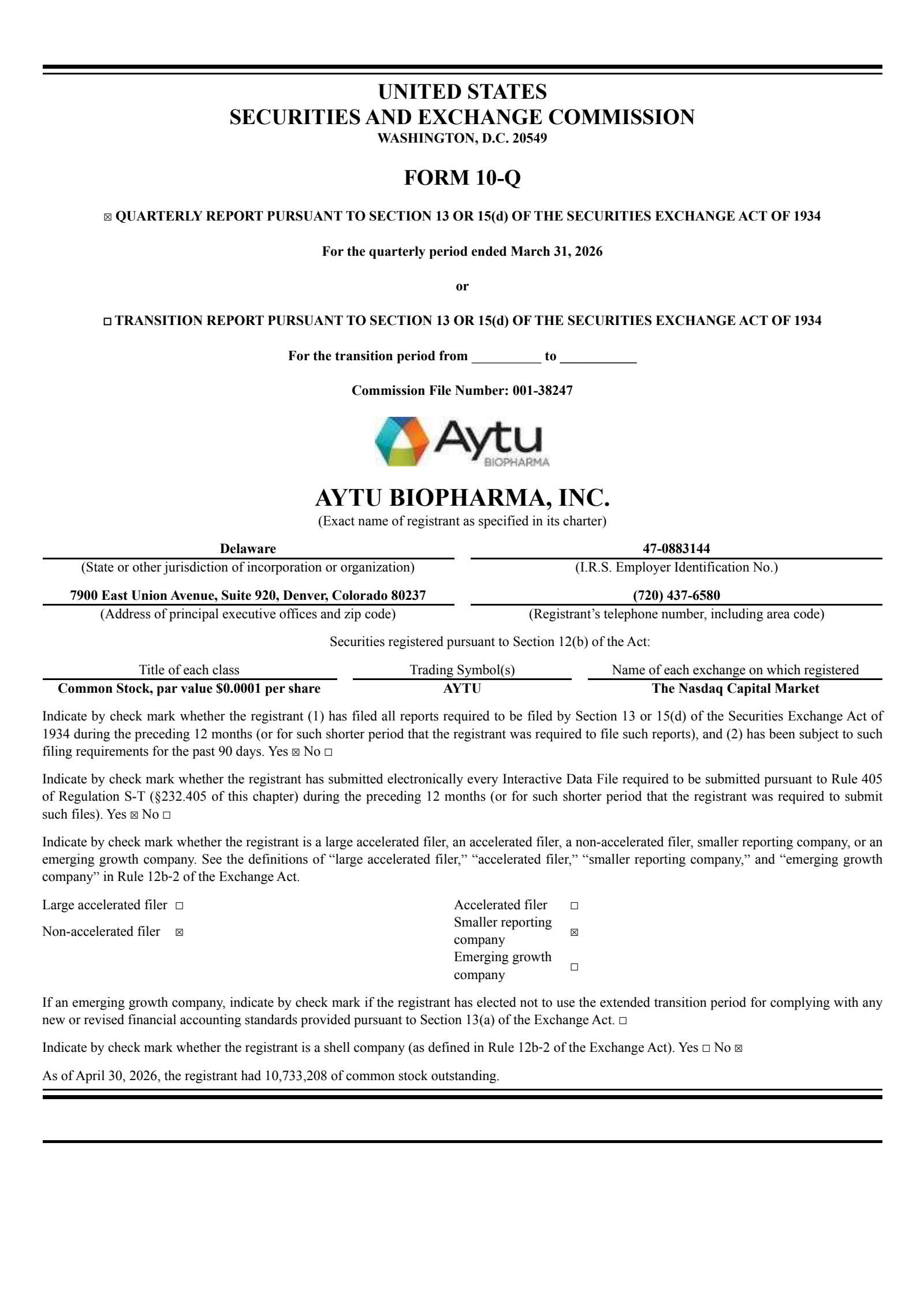 Aytu BioPharma's Q3 2026 Quarterly report