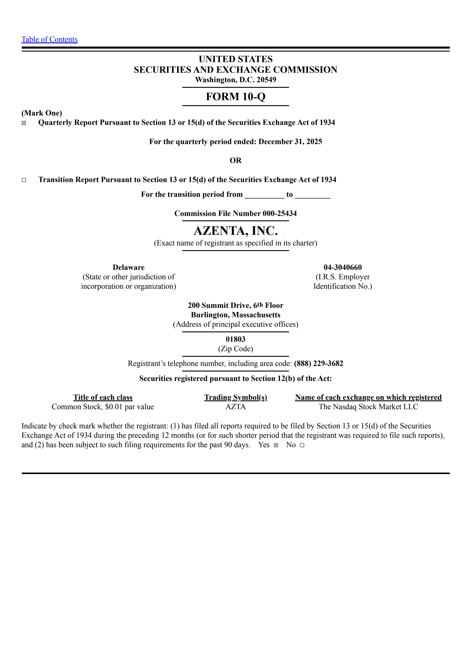 Azenta's Q1 2026 Quarterly report