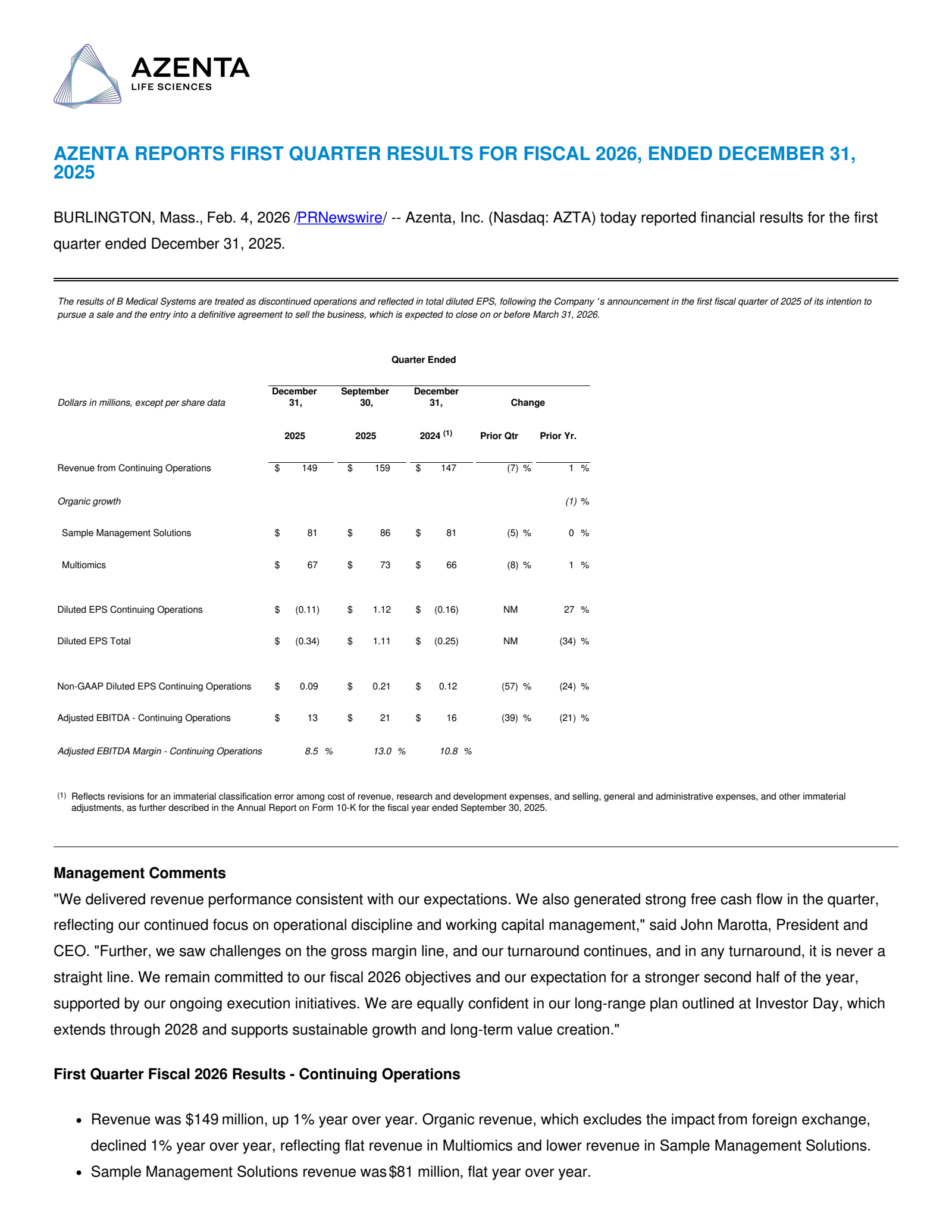 Azenta's Q1 2026 Press Release
