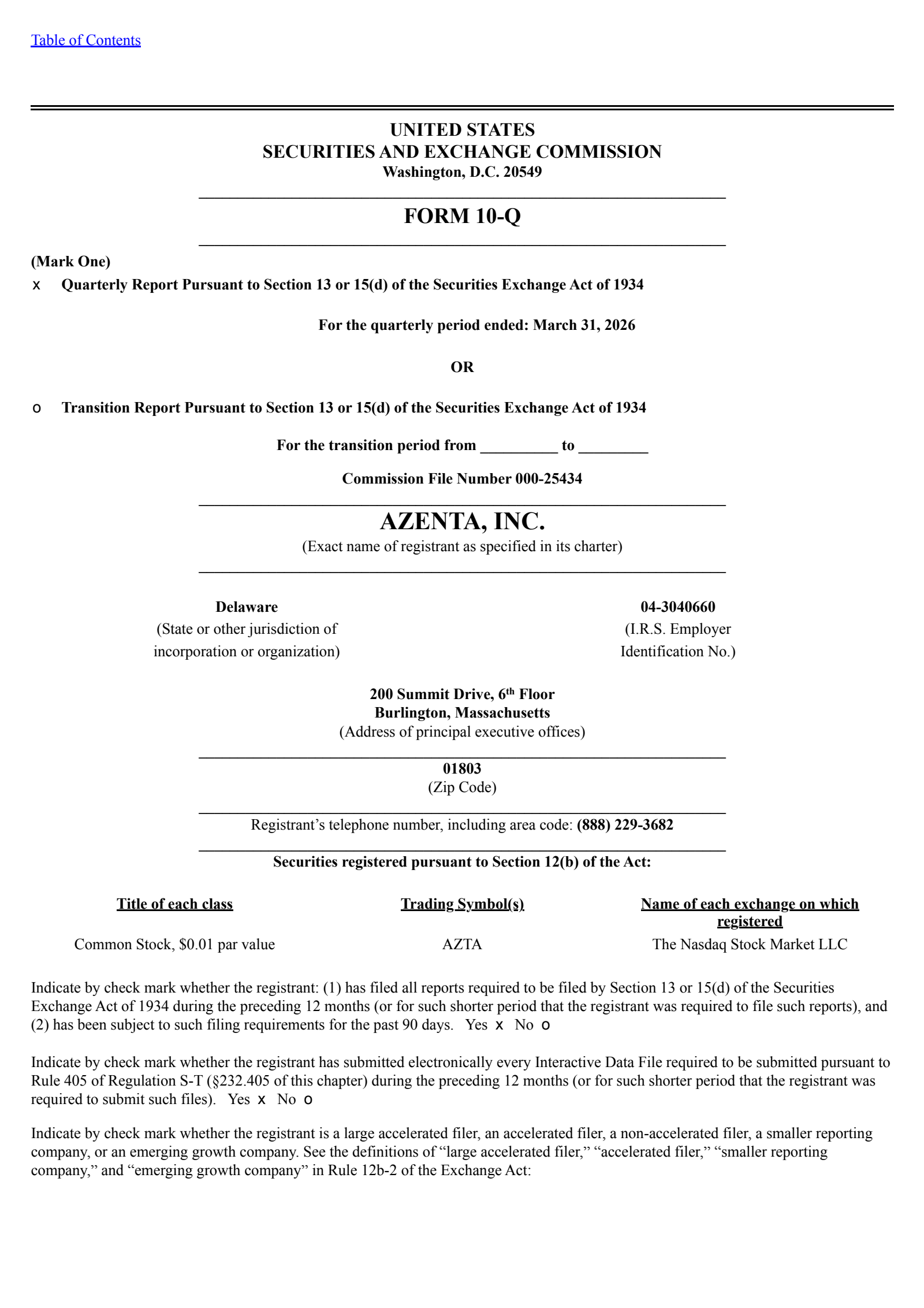 Azenta's Q2 2026 Quarterly report