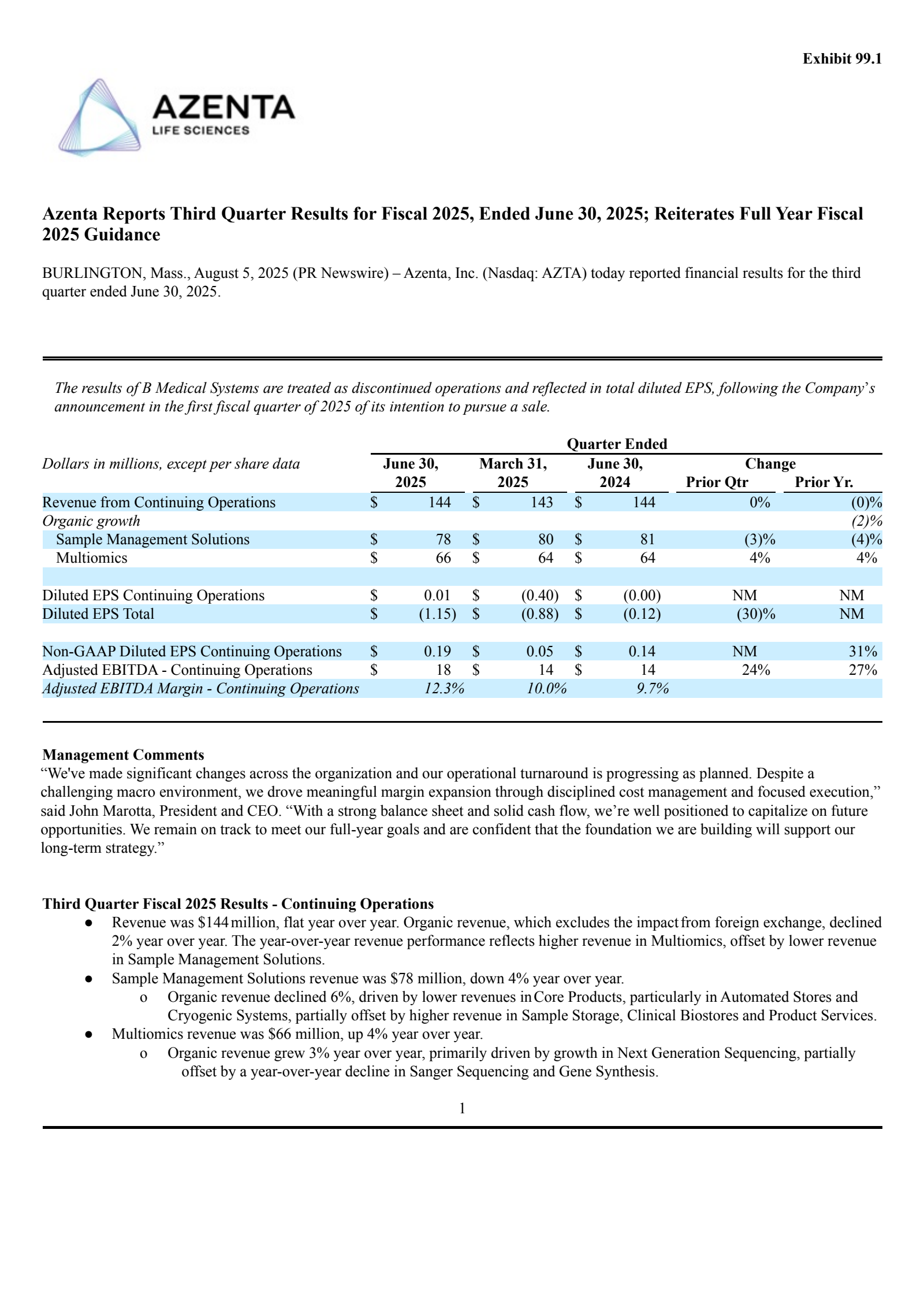 Azenta's Q3 2025 Press Release