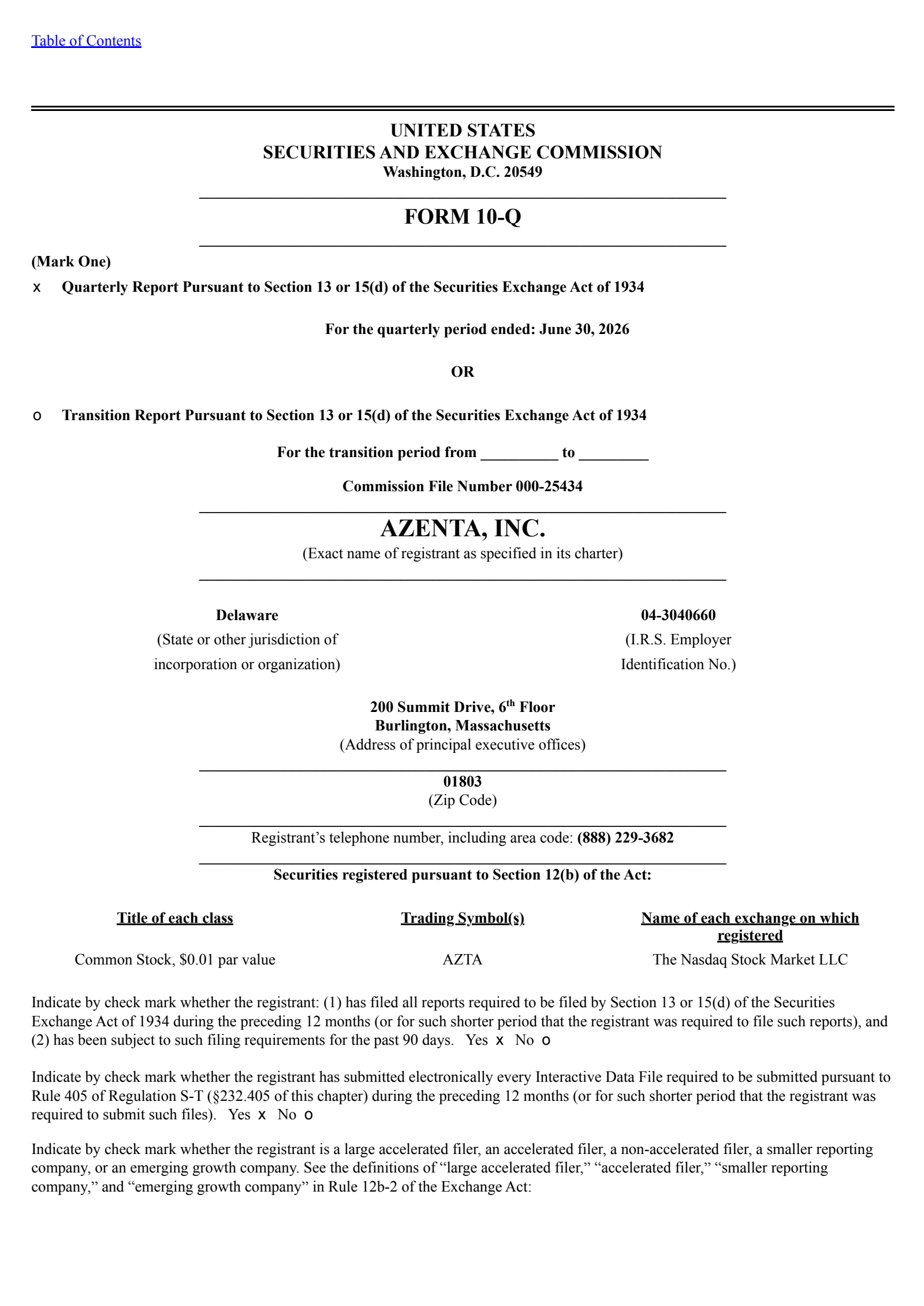 Azenta's Q3 2026 Quarterly report