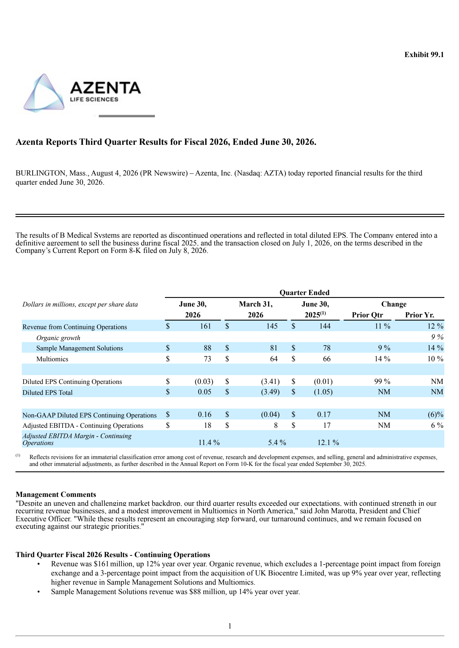 Azenta's Q3 2026 Press Release