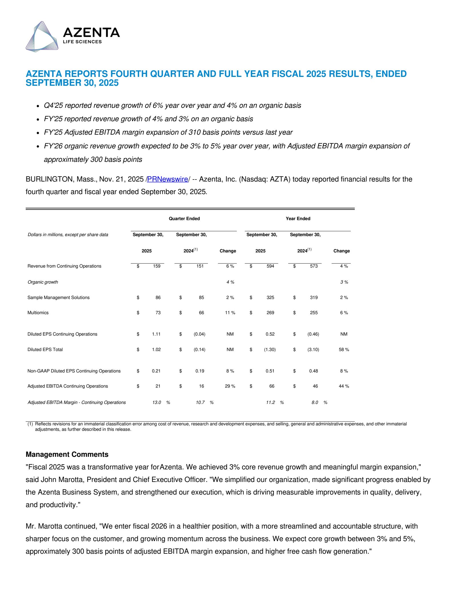 Azenta's Q4 2025 Earnings Release