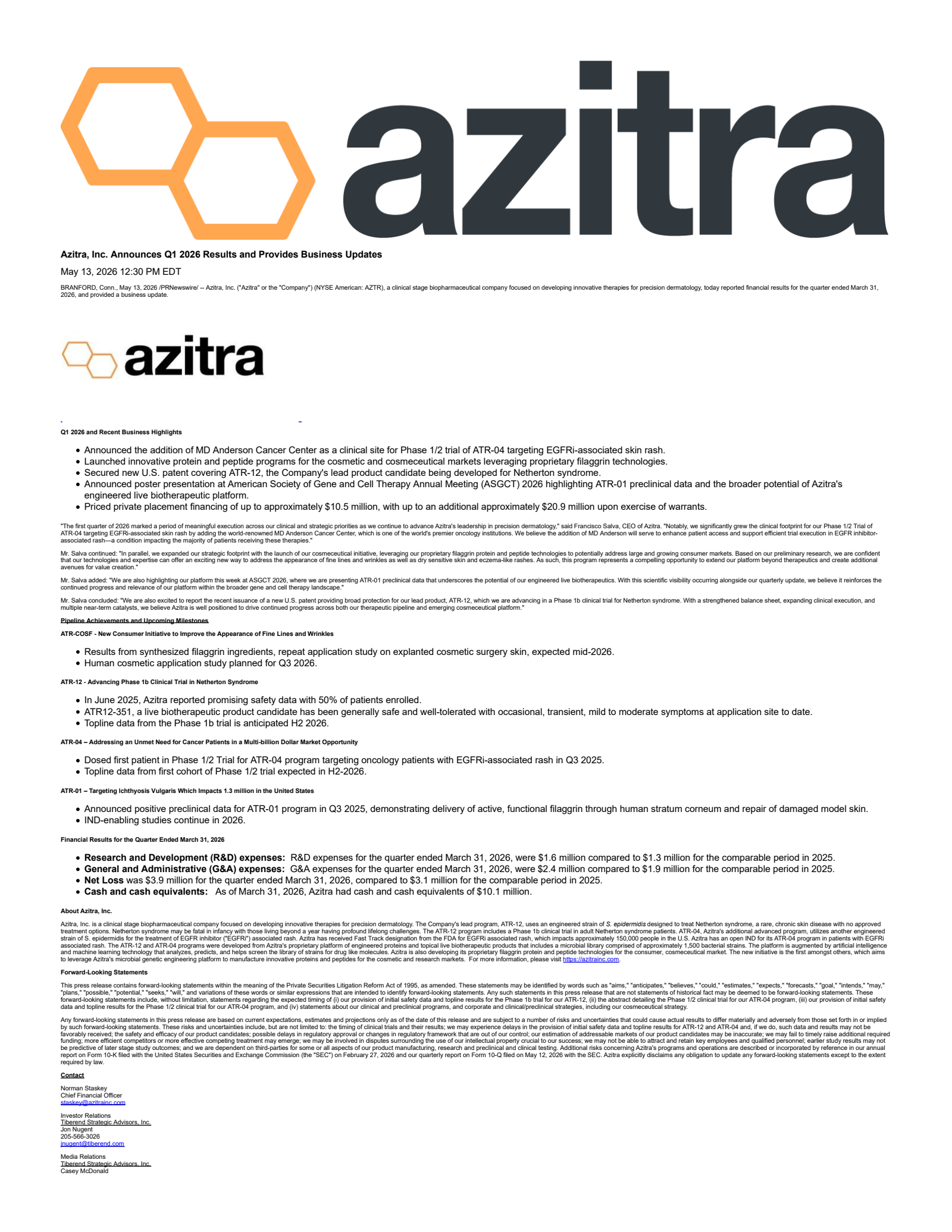 Azitra's Q1 2026 Press Release