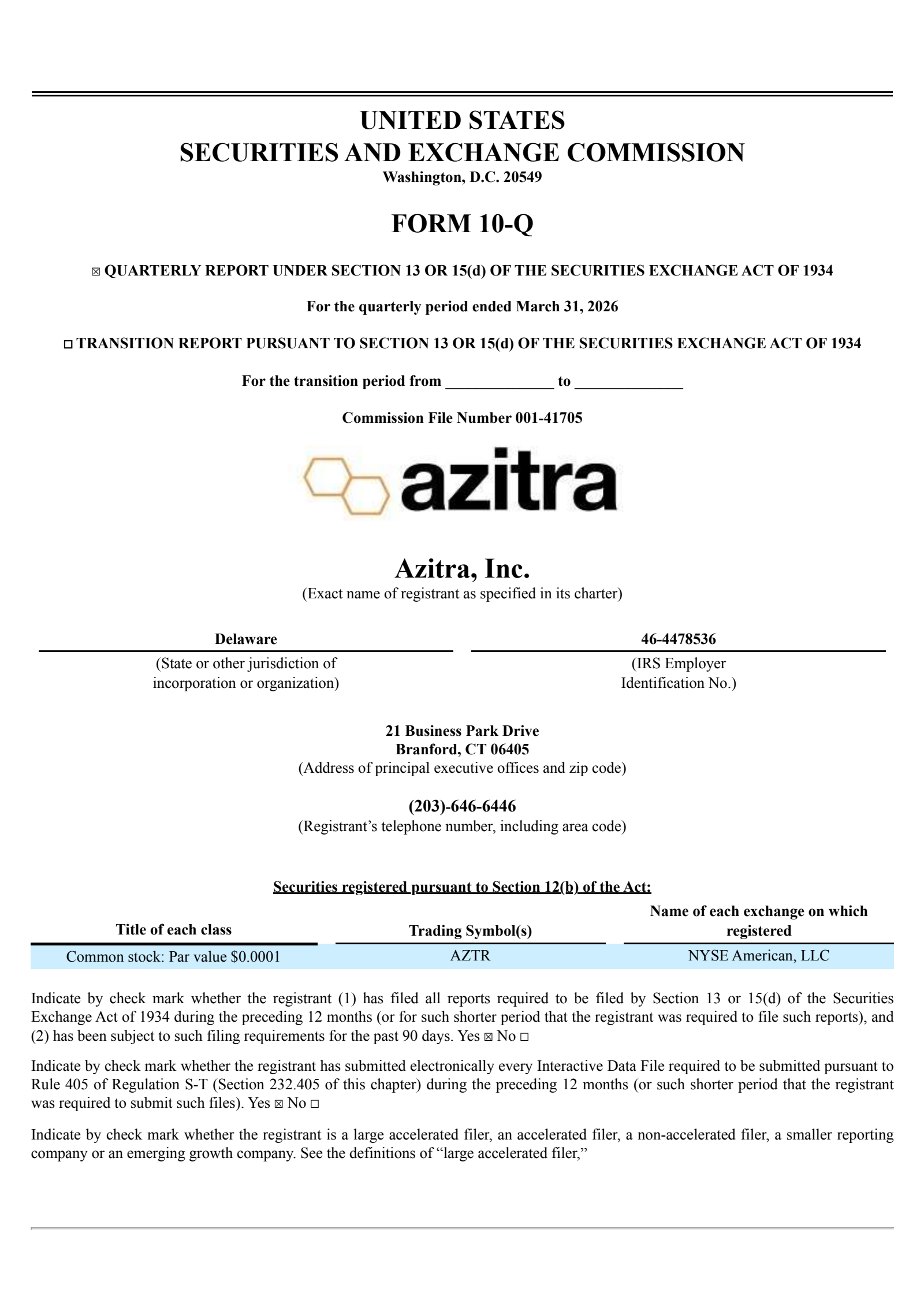 Azitra's Q1 2026 Quarterly report