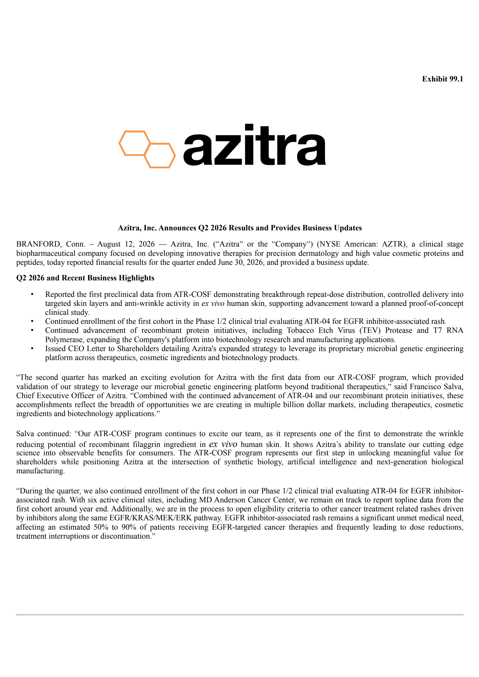 Azitra's Q2 2026 Press Release