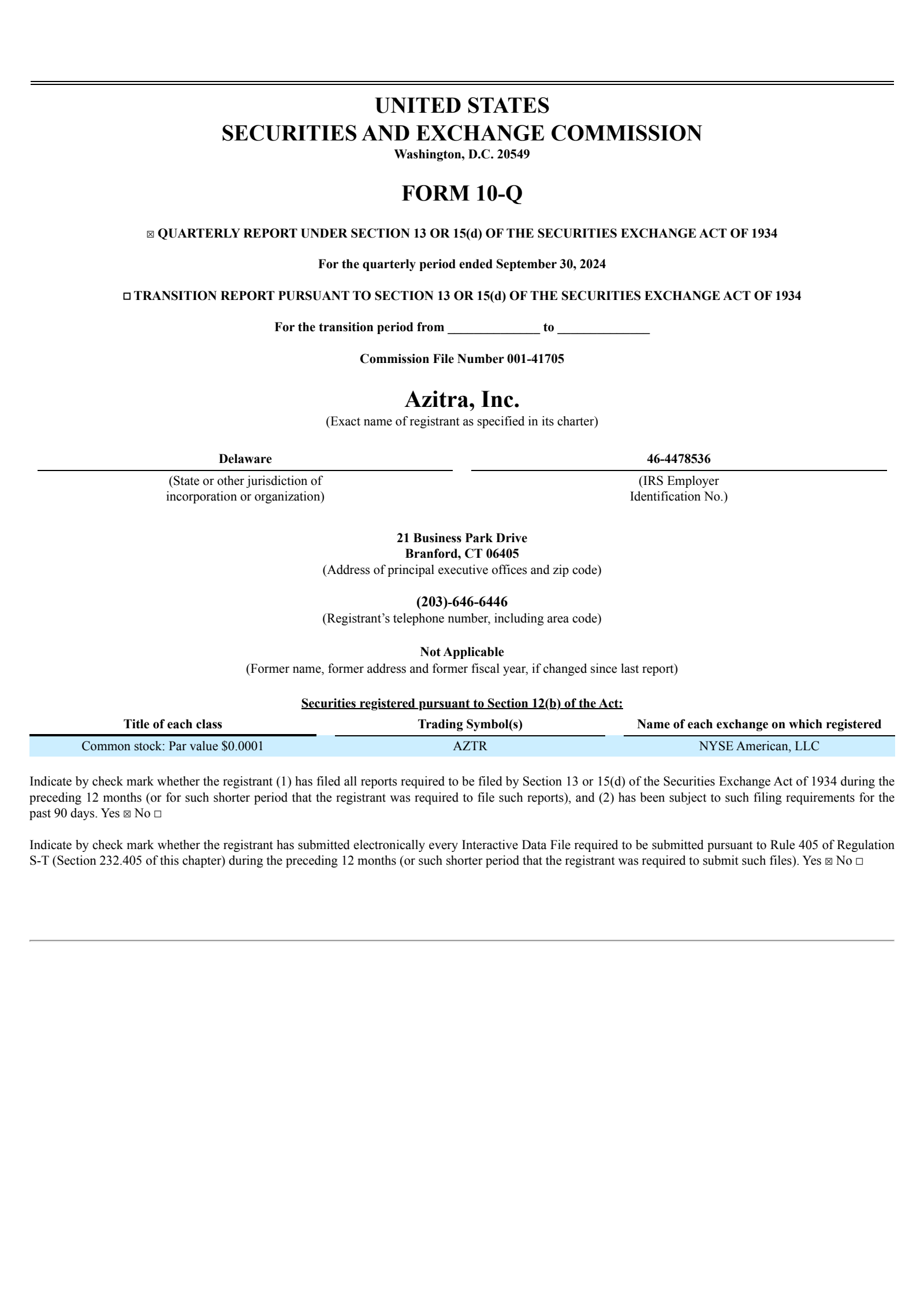 Azitra's Q3 2024 Quarterly report
