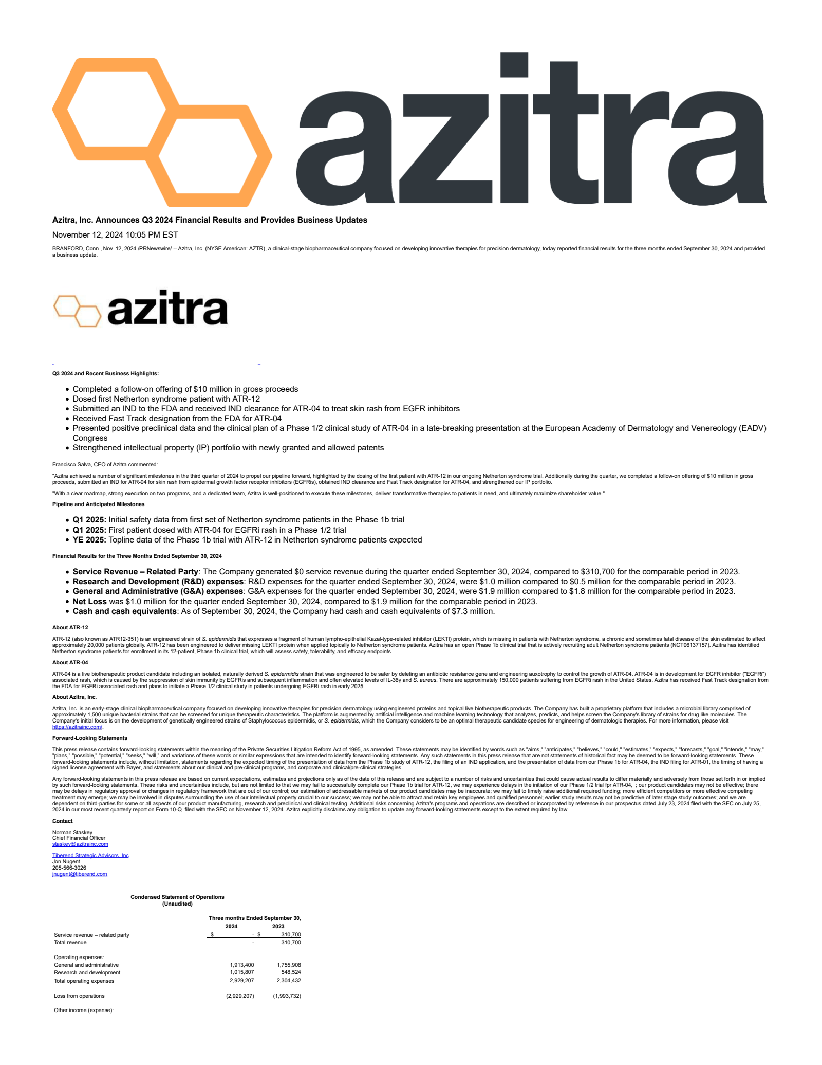 Azitra's Q3 2024 Press Release
