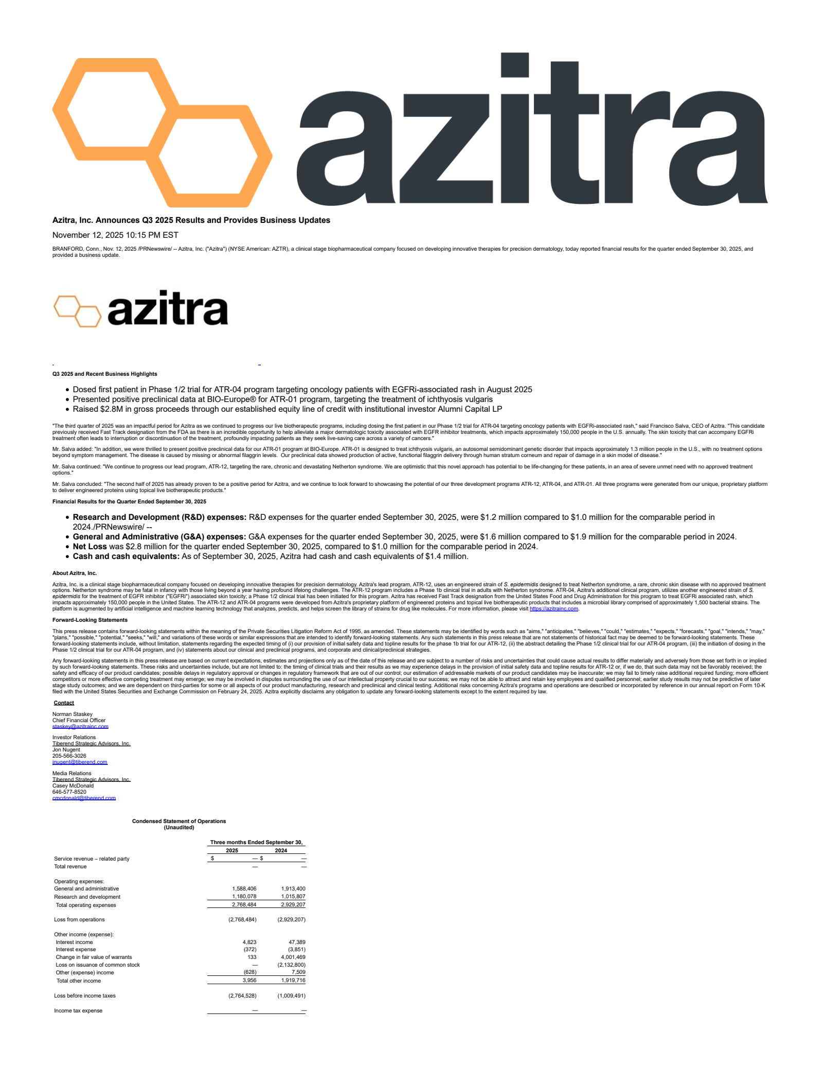 Azitra's Q3 2025 Press Release