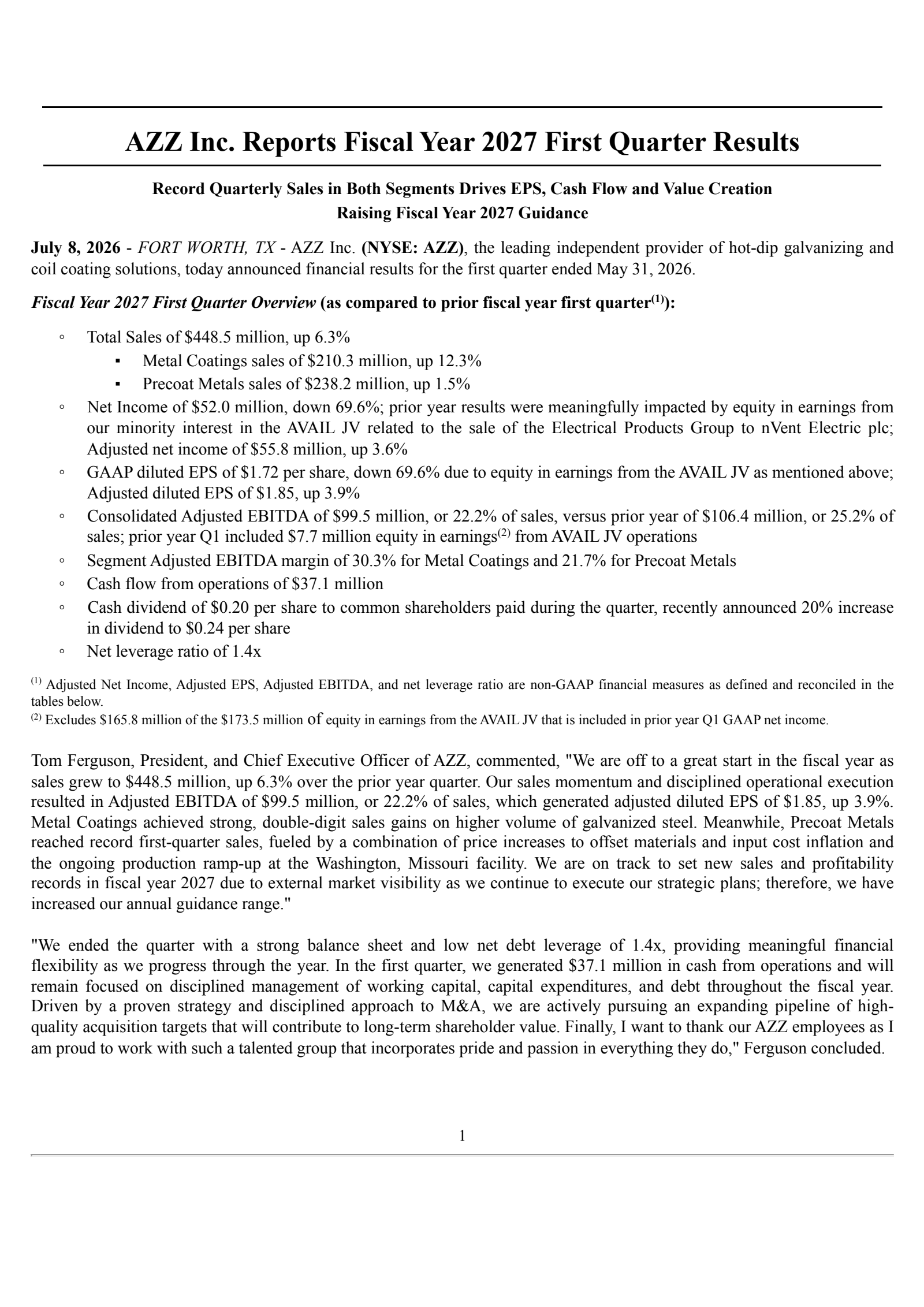 AZZ's Q1 2027 Press Release