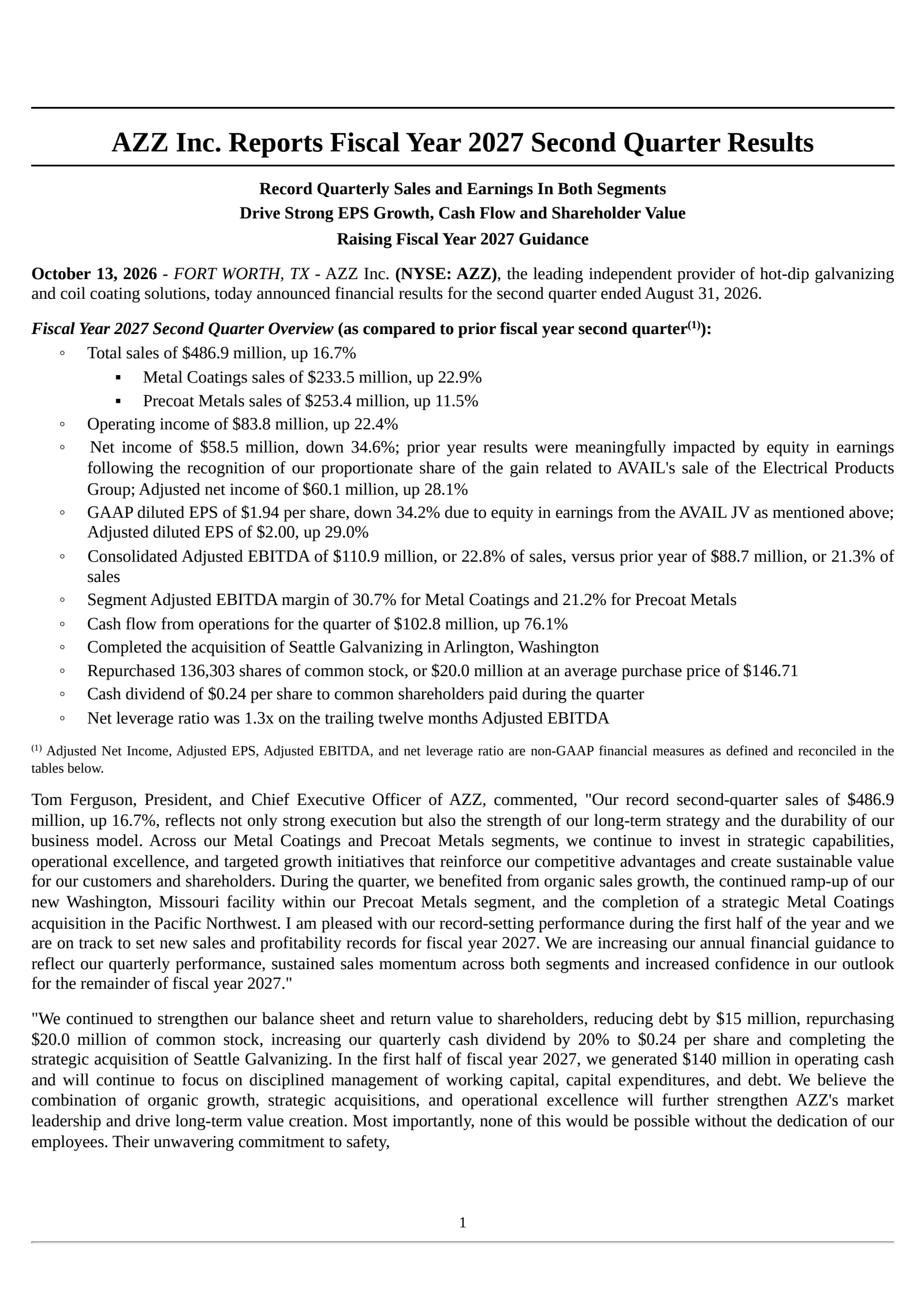 AZZ's Q2 2027 Press Release