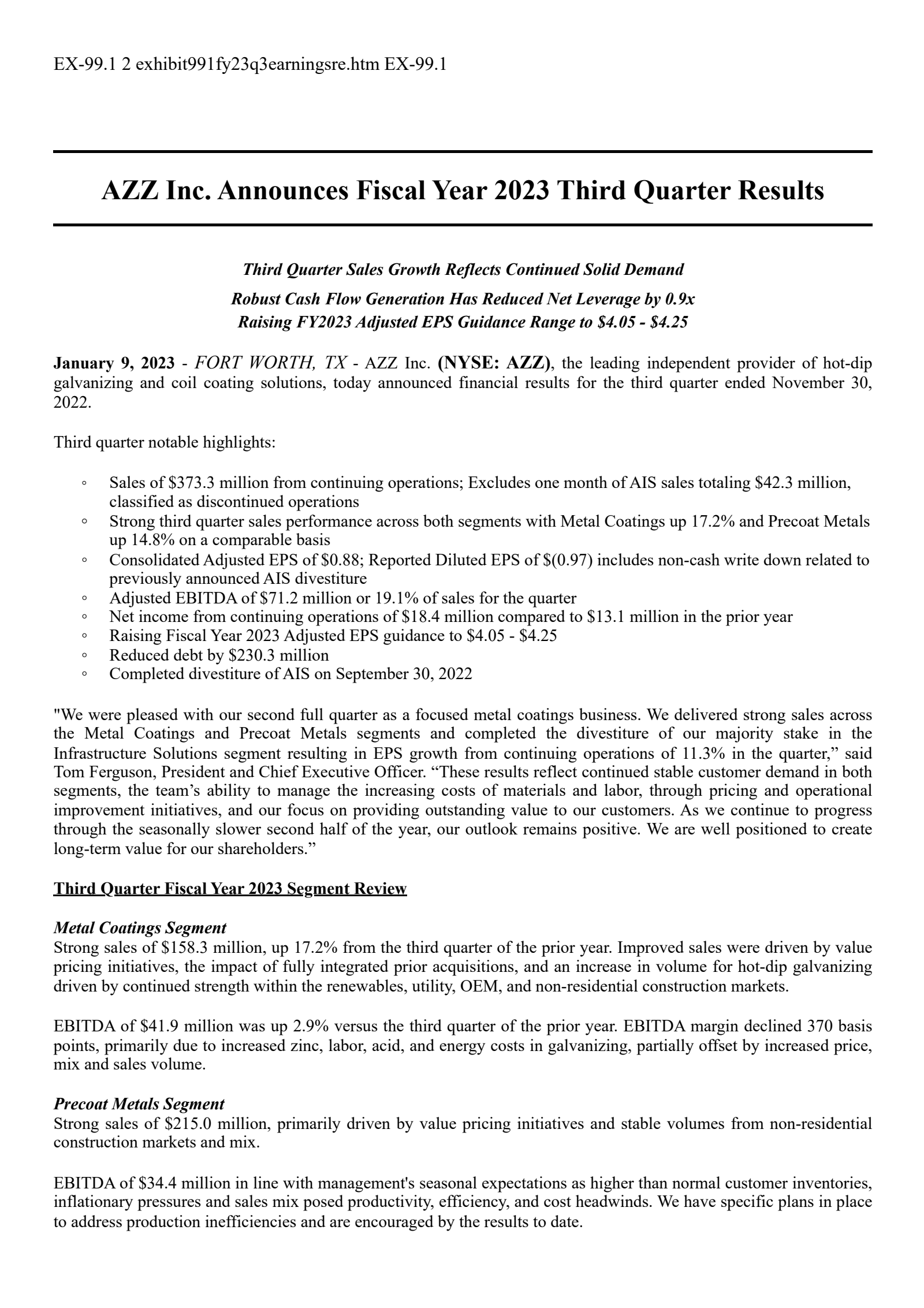 AZZ Q3 2023 Earnings Report on 1/9/2023