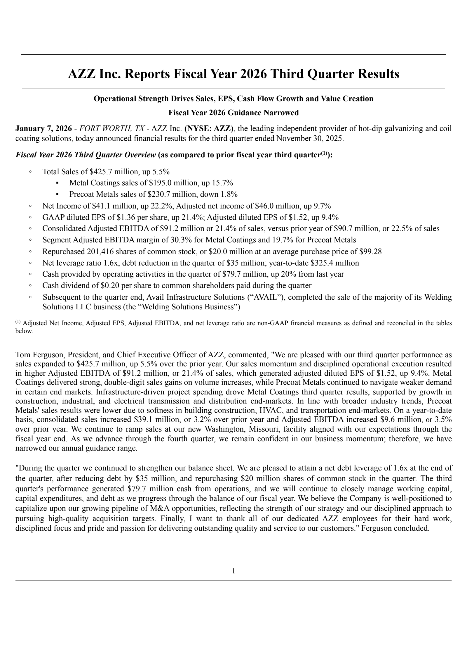 AZZ's Q3 2026 Earnings Release