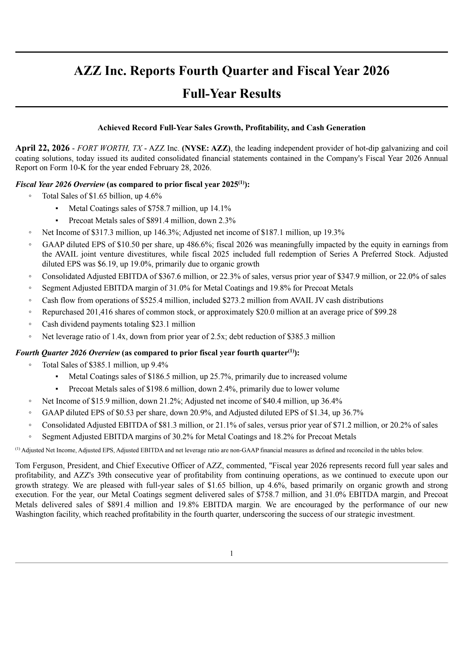AZZ's Q4 2026 Press Release