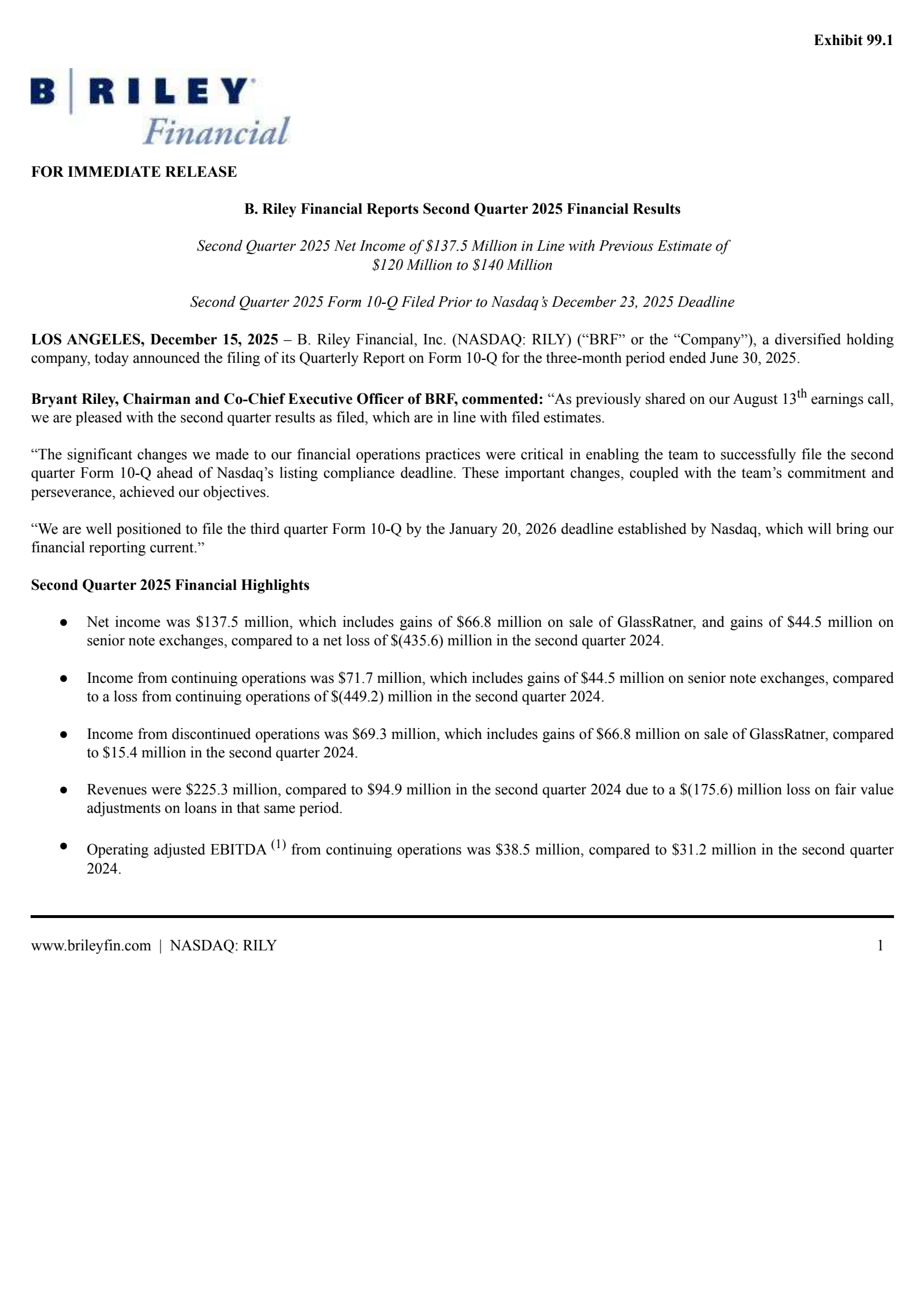 B. Riley Financial's Q2 2025 Earnings Release