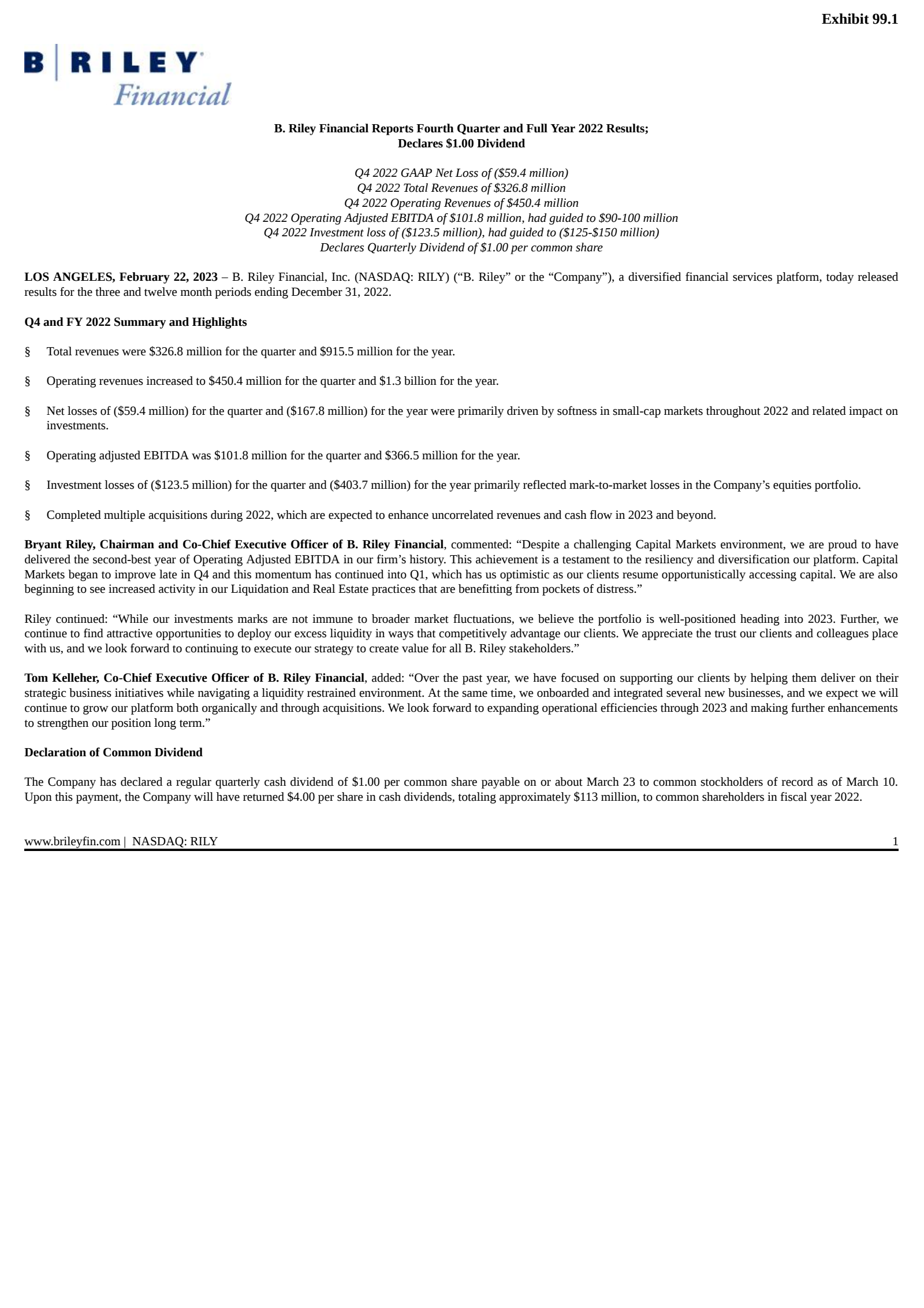 B. Riley Financial's Q4 2022 Press Release