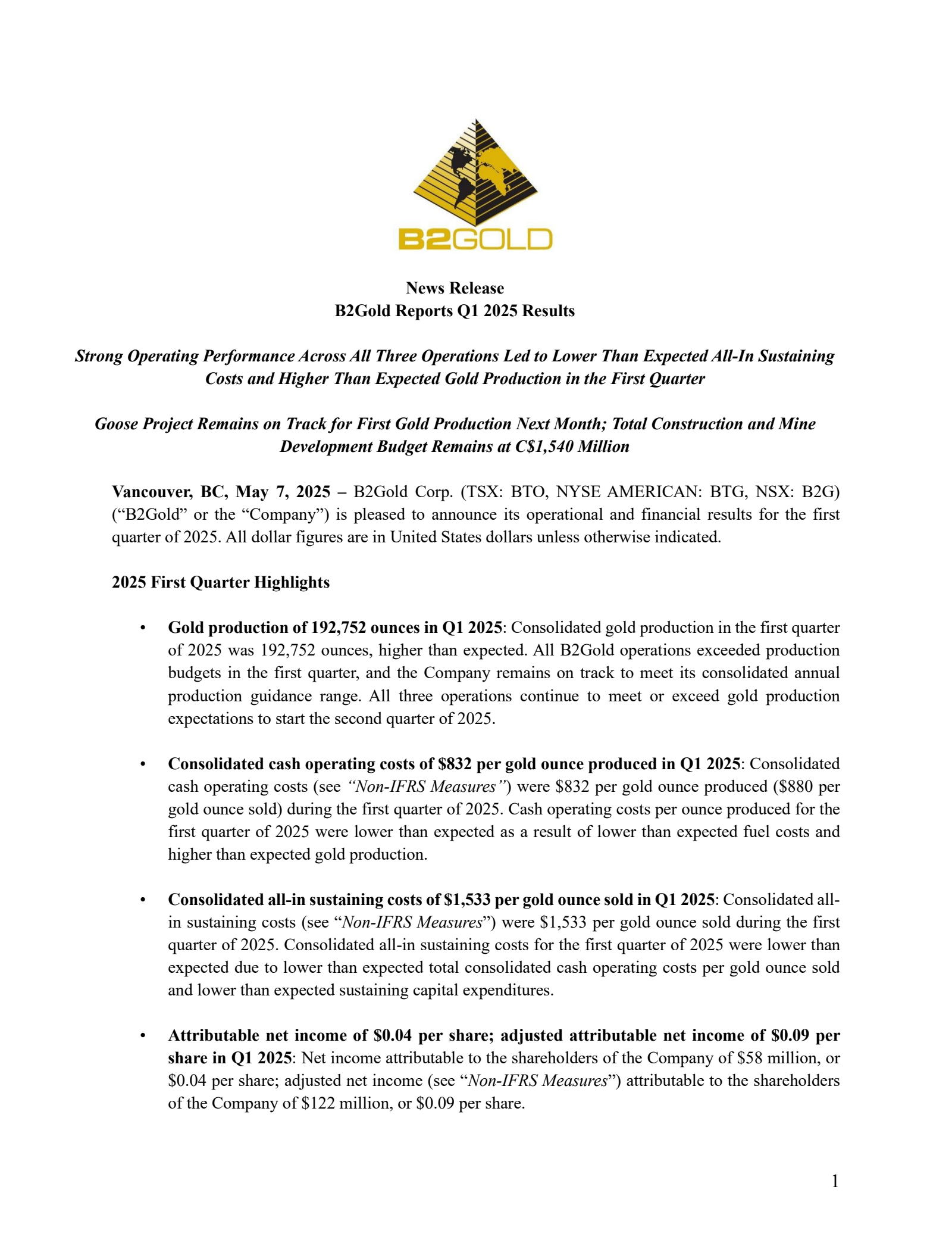 B2Gold's Q1 2025 Press Release