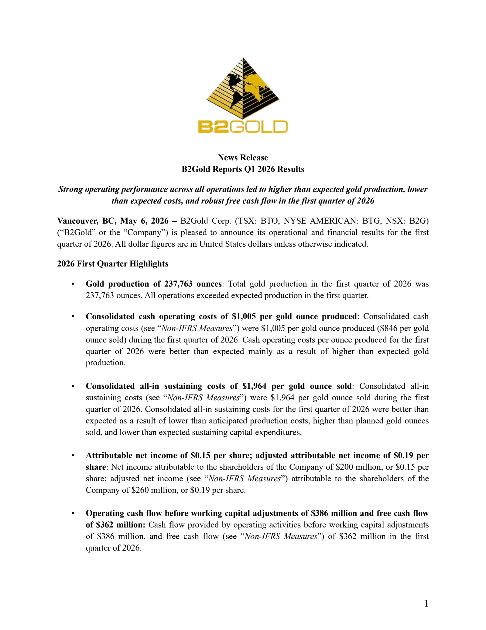 B2Gold's Q1 2026 Press Release