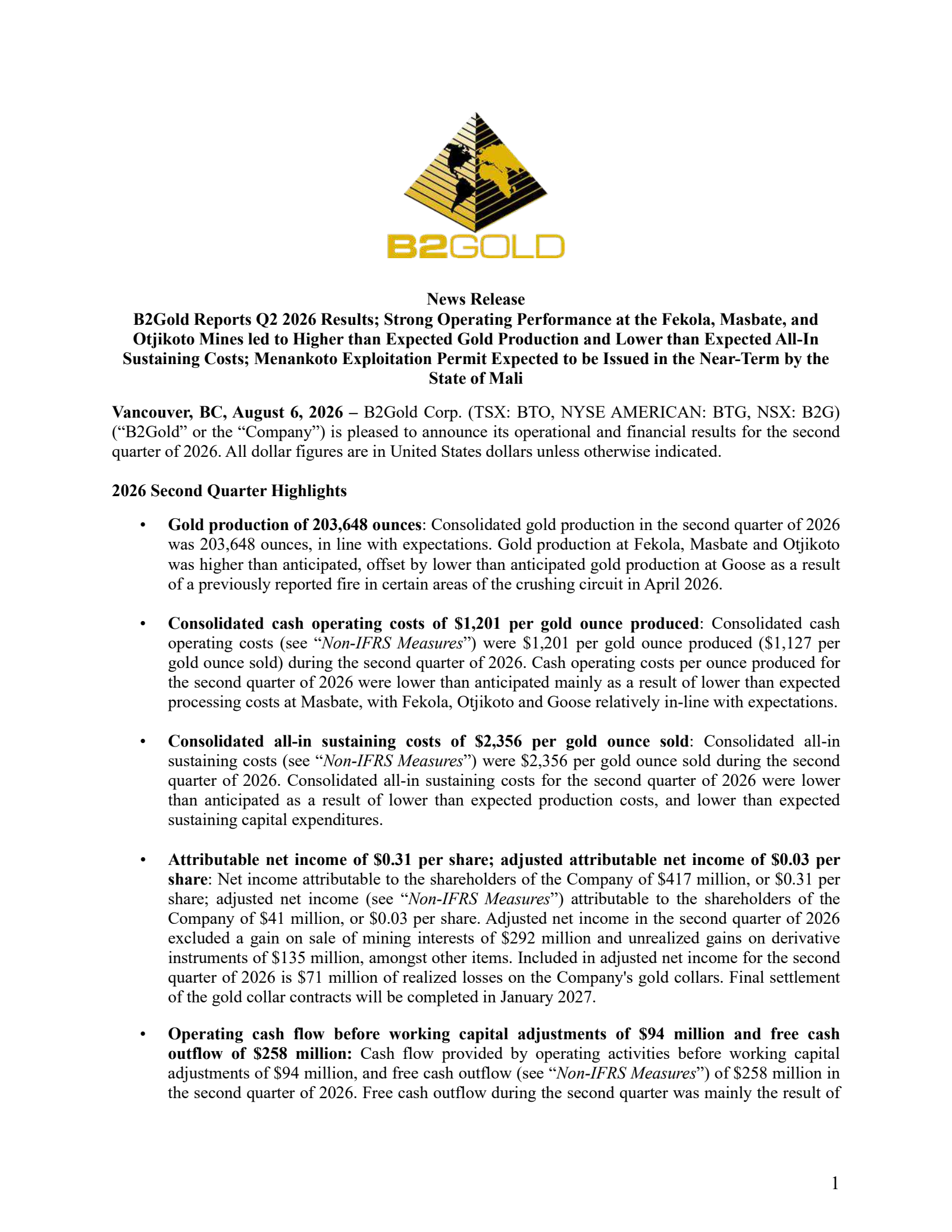 B2Gold's Q2 2026 Press Release