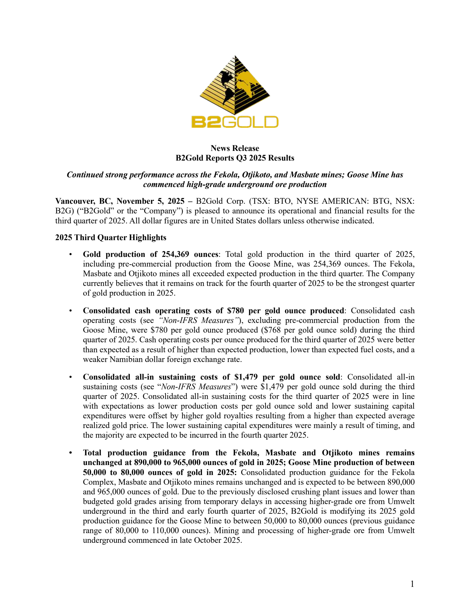 B2Gold's Q3 2025 Earnings Release