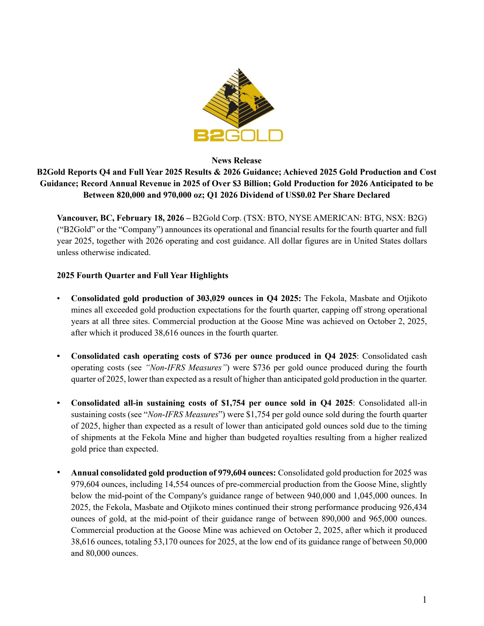 B2Gold's Q4 2025 Press Release