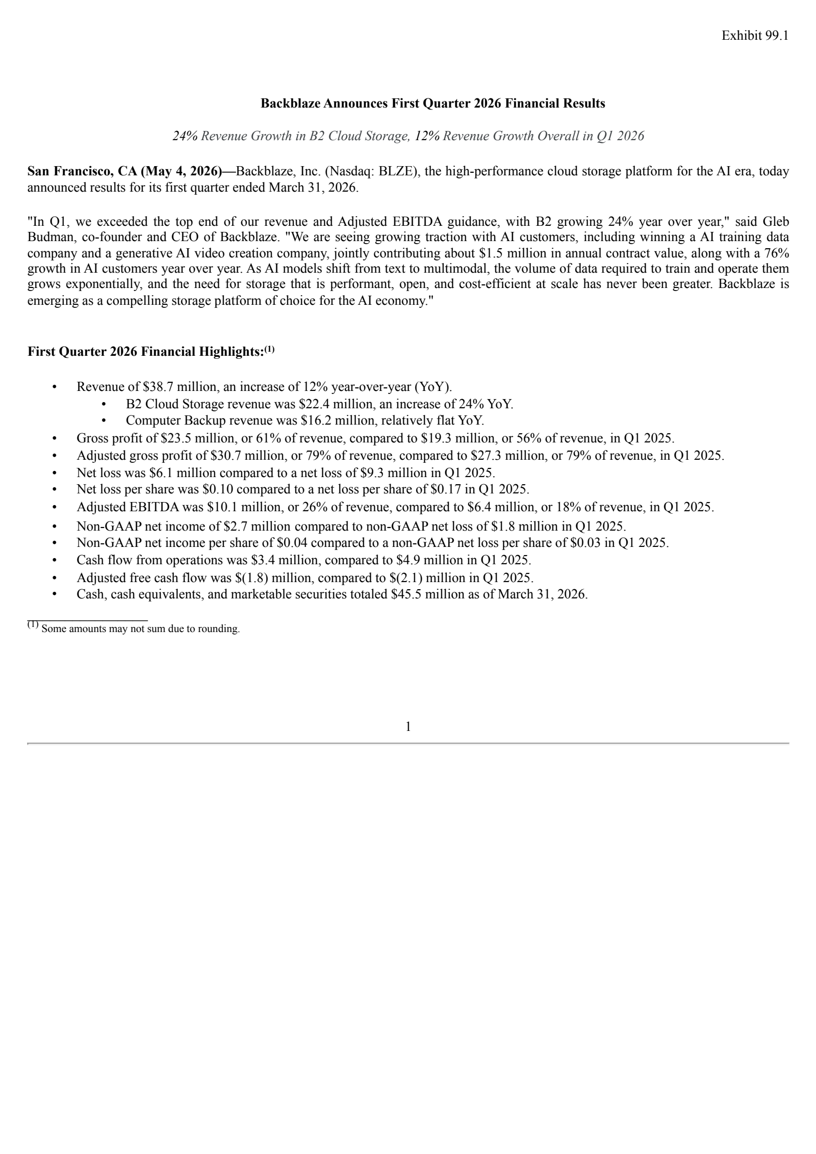 Backblaze's Q1 2026 Press Release