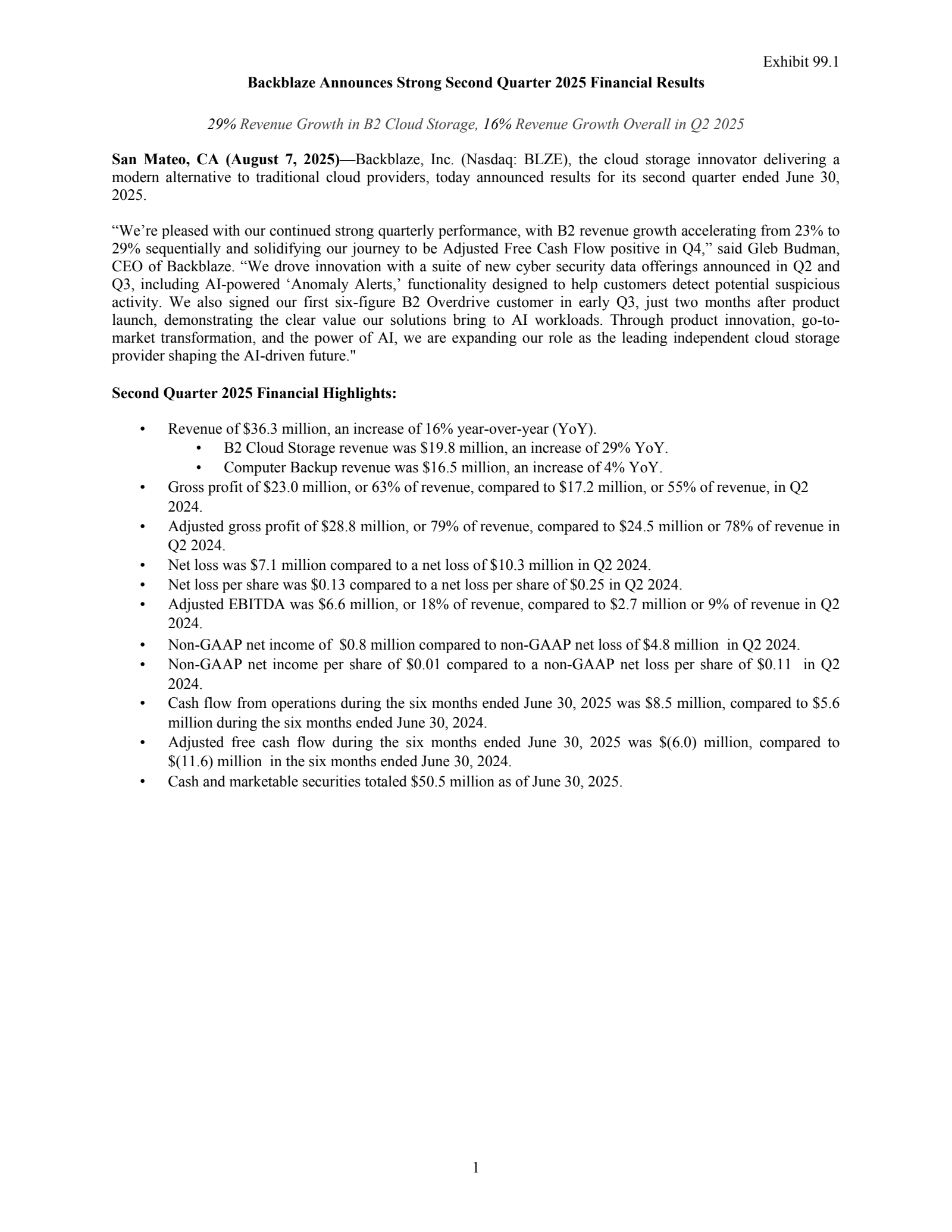 Backblaze's Q2 2025 Press Release