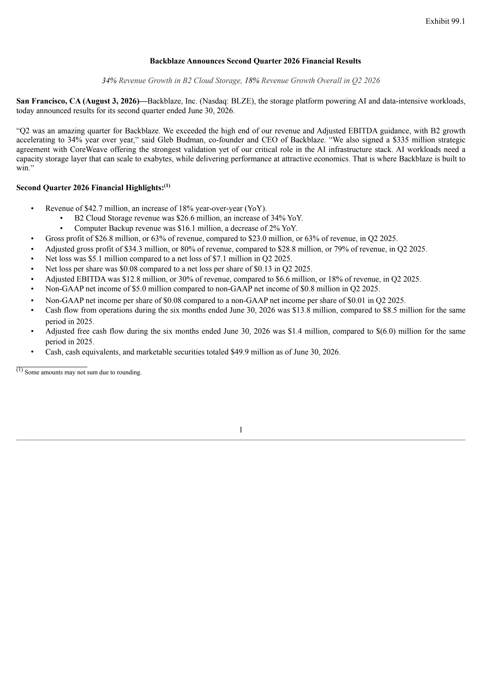 Backblaze's Q2 2026 Press Release