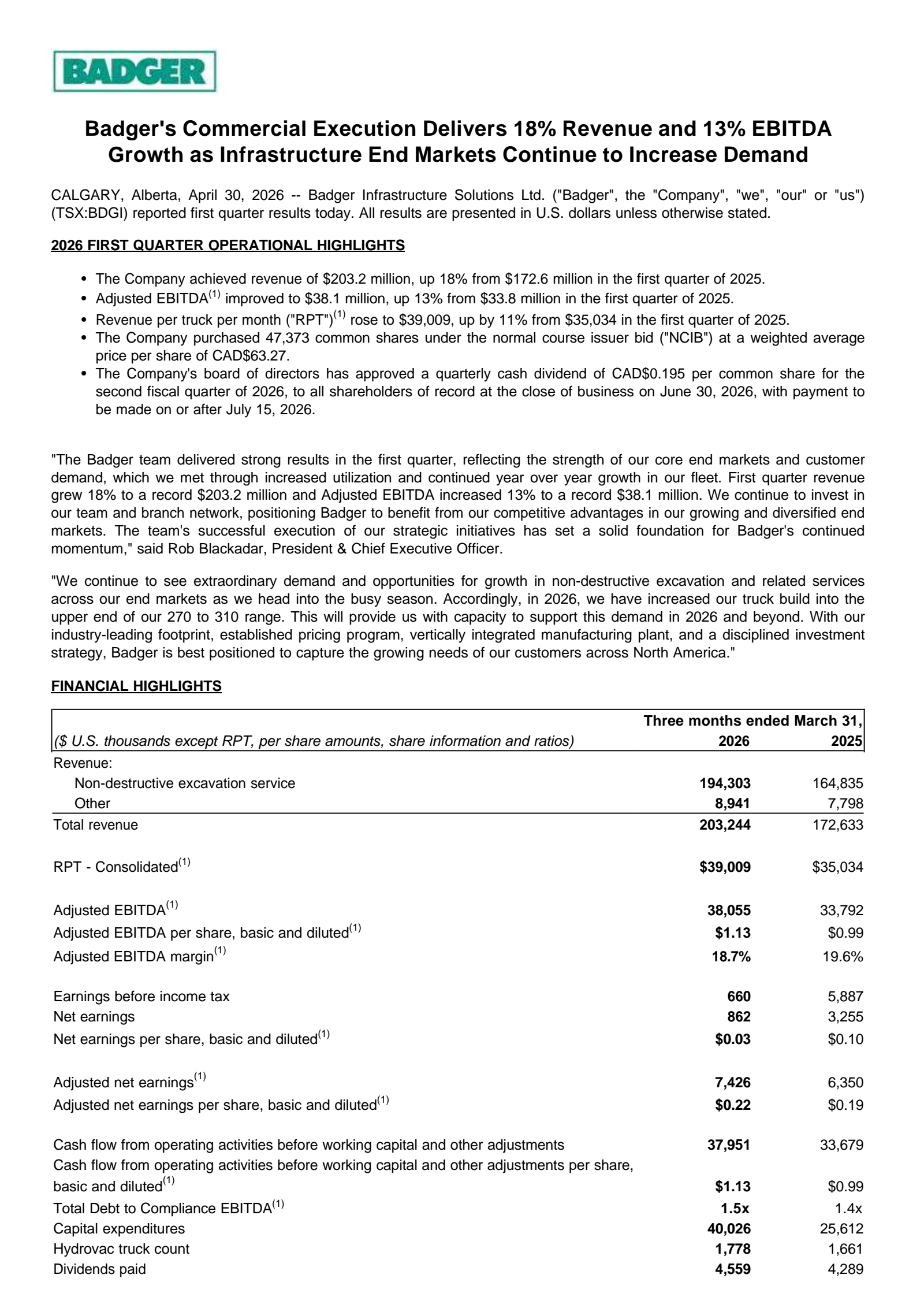 Badger Infrastructure Solutions' Q1 2026 Press Release