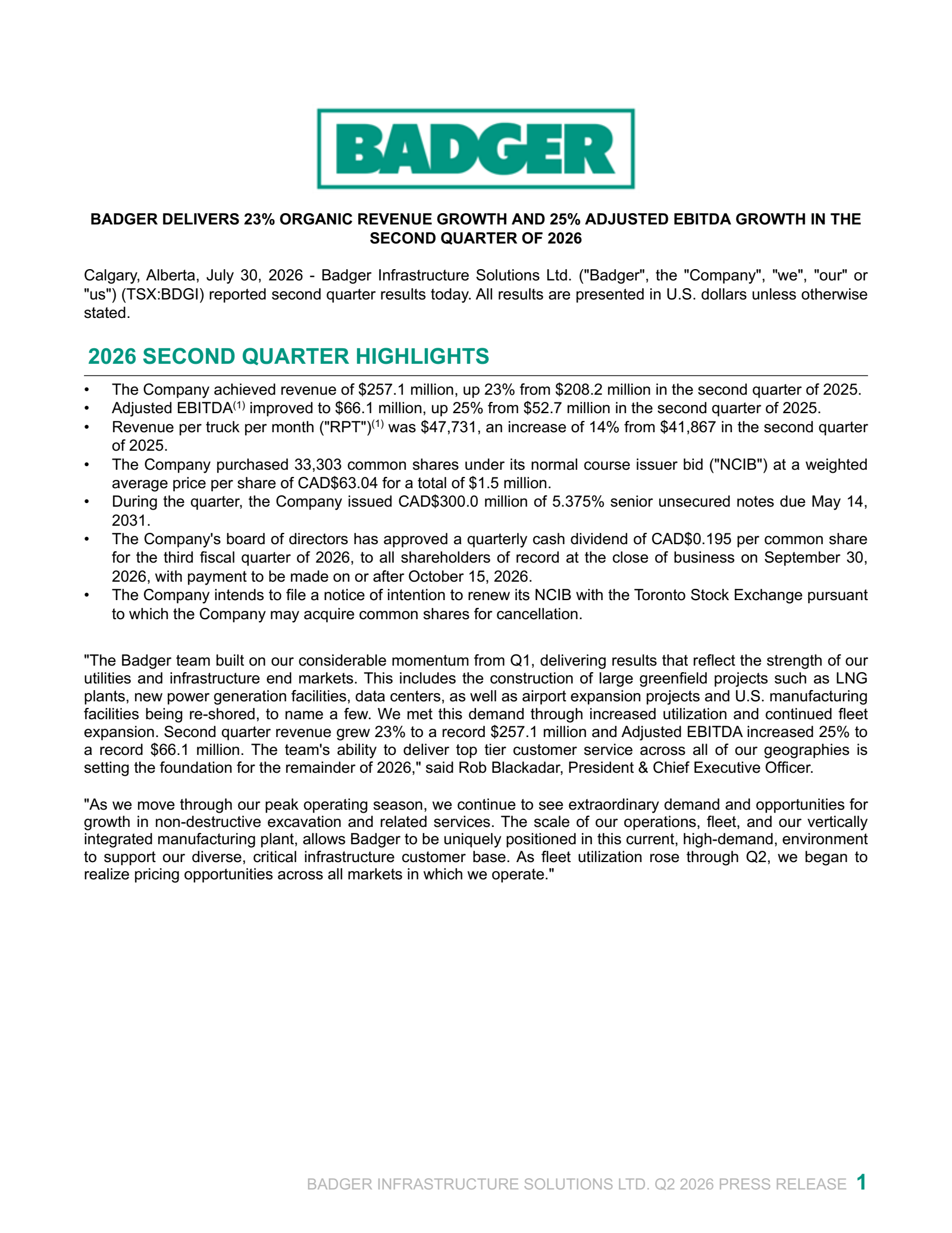 Badger Infrastructure Solutions' Q2 2026 Press Release