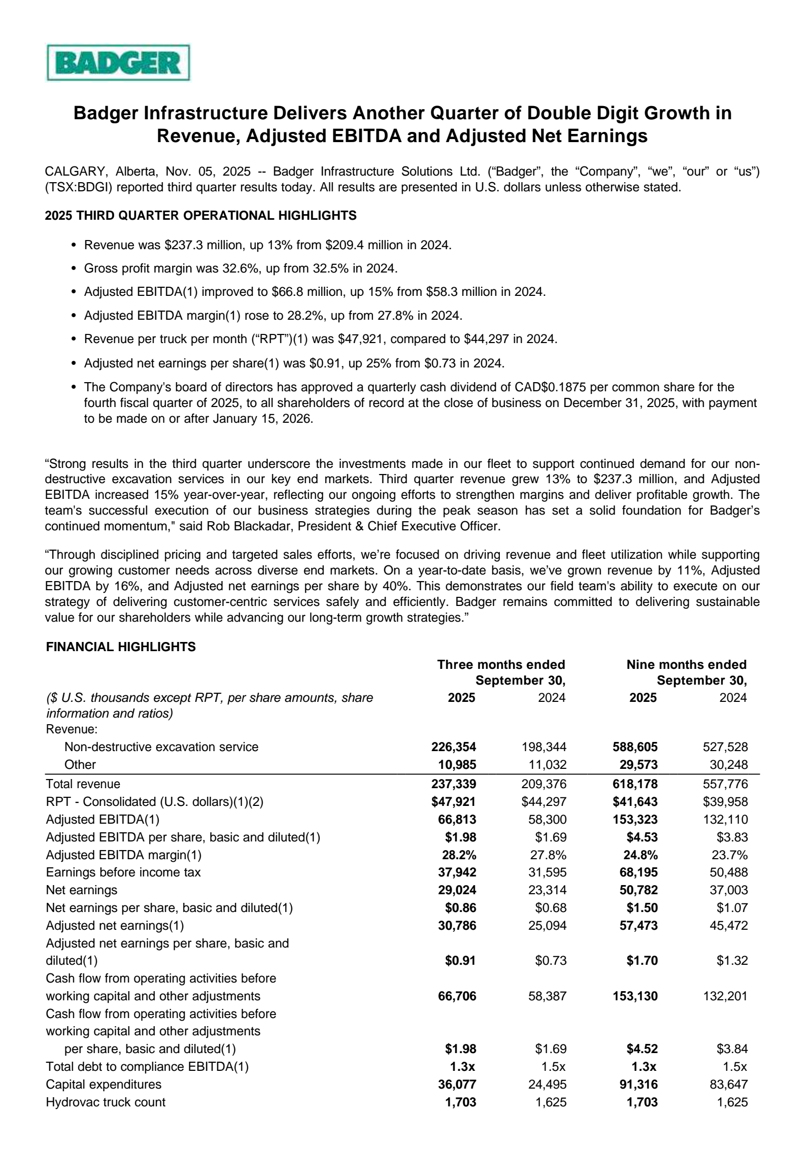 Badger Infrastructure Solutions' Q3 2025 Press Release