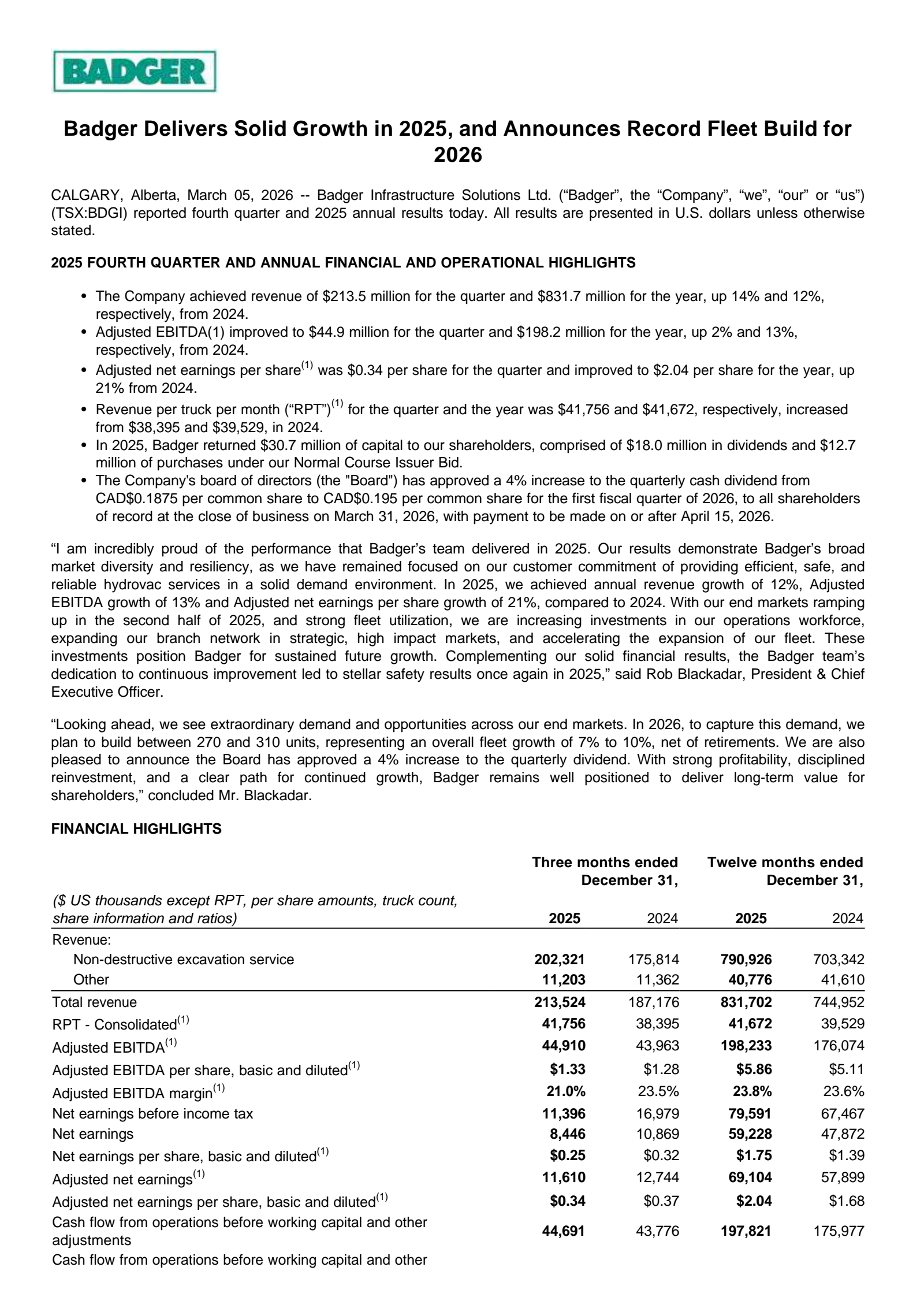 Badger Infrastructure Solutions' Q4 2025 Press Release