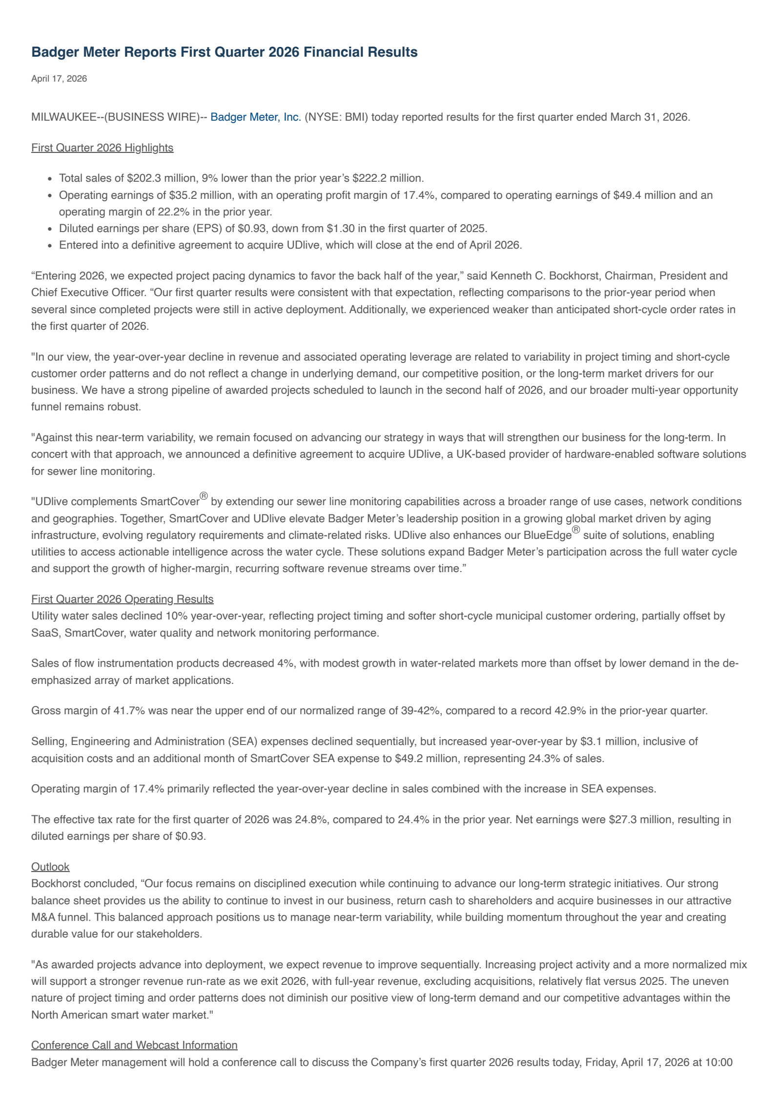 Badger Meter's Q1 2026 Press Release
