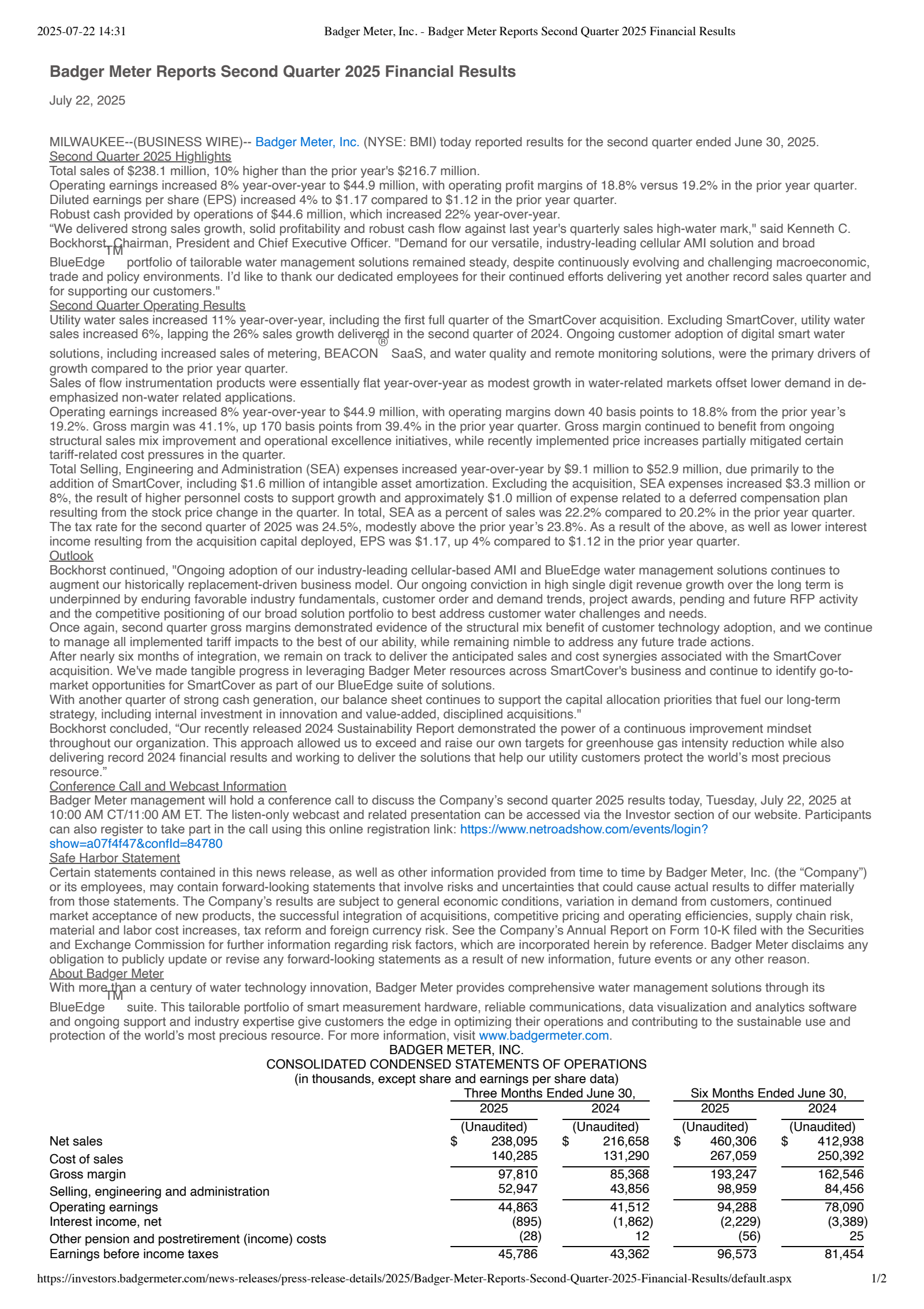 Badger Meter's Q2 2025 Press Release
