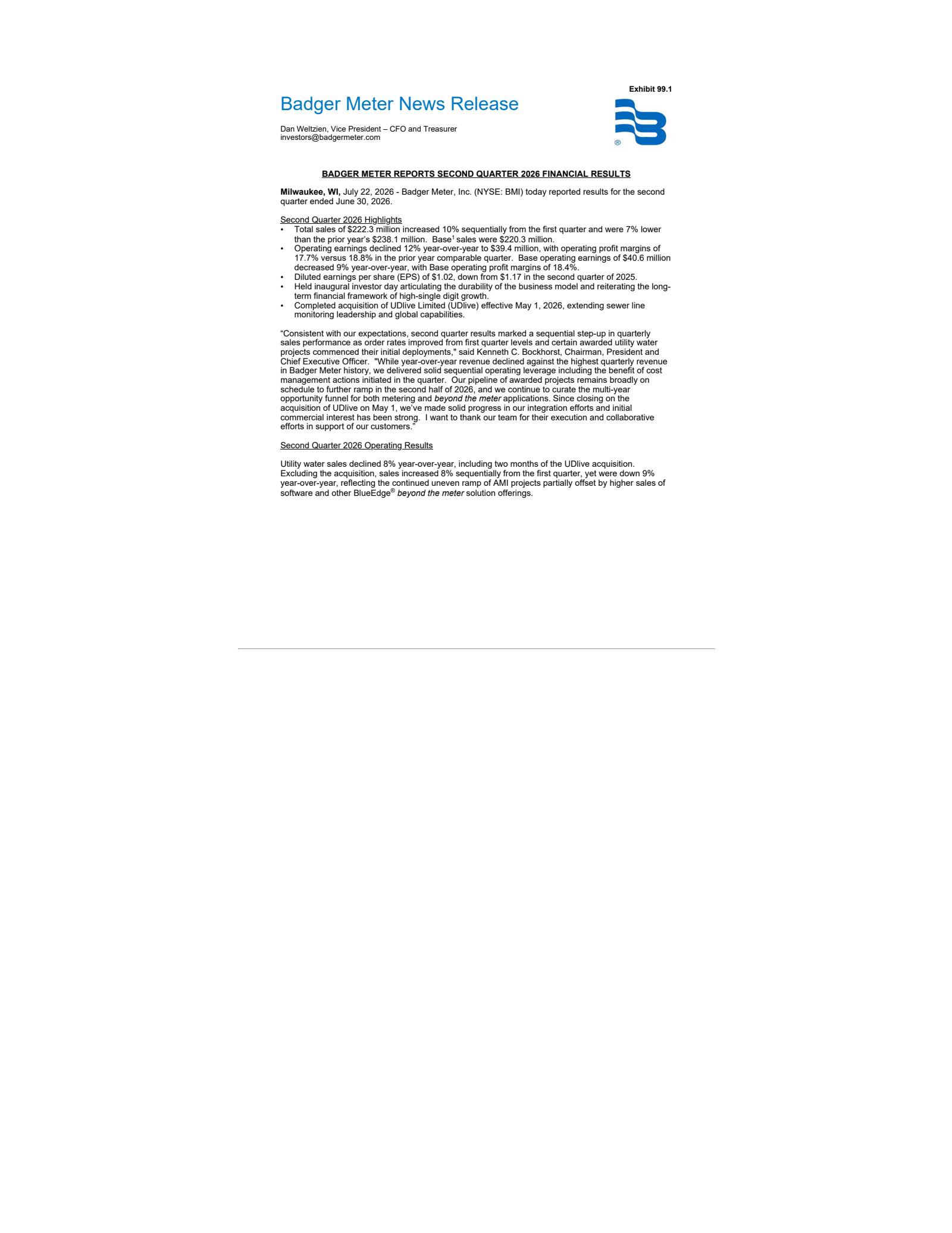 Badger Meter's Q2 2026 Press Release
