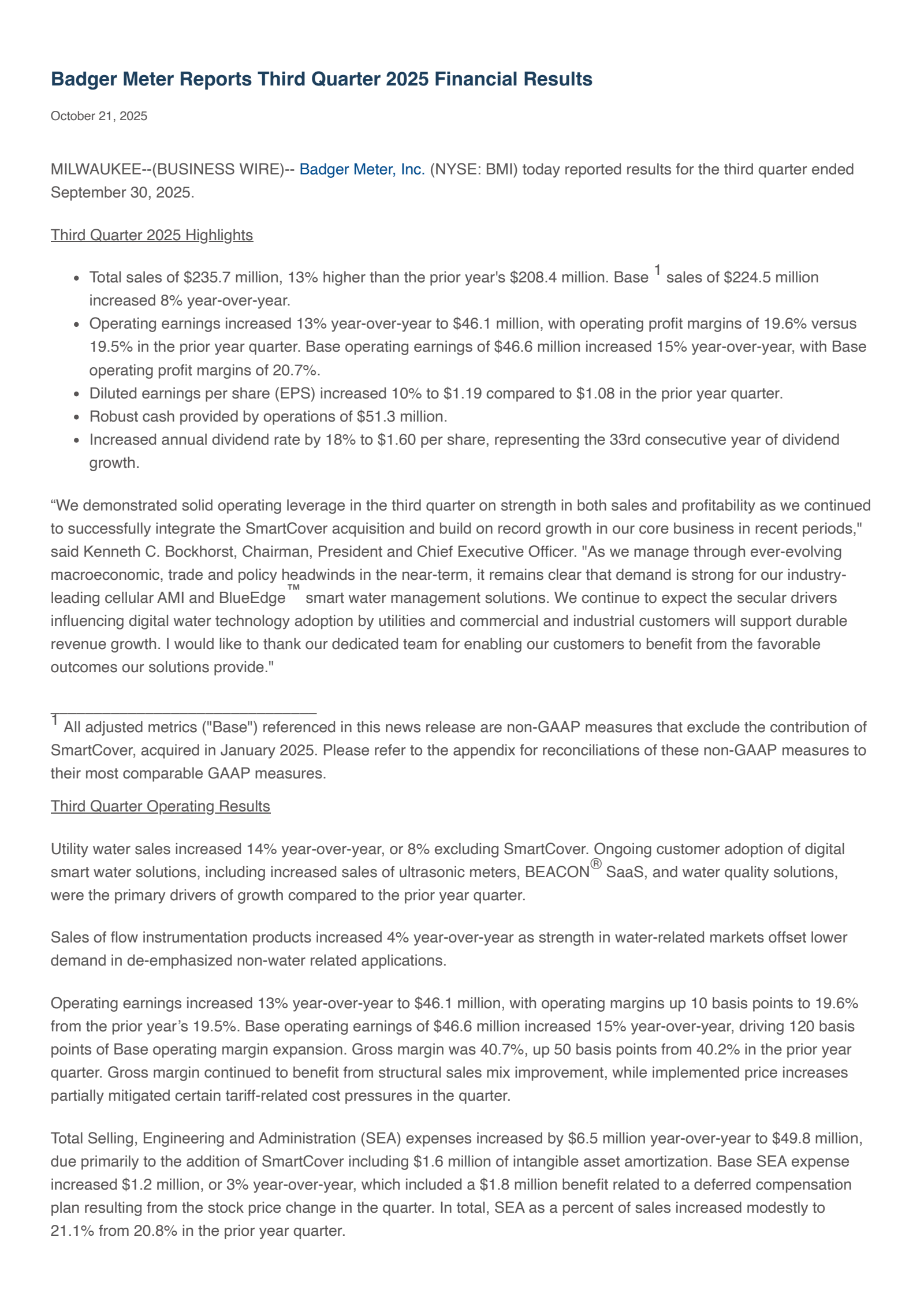 Badger Meter's Q3 2025 Earnings Release