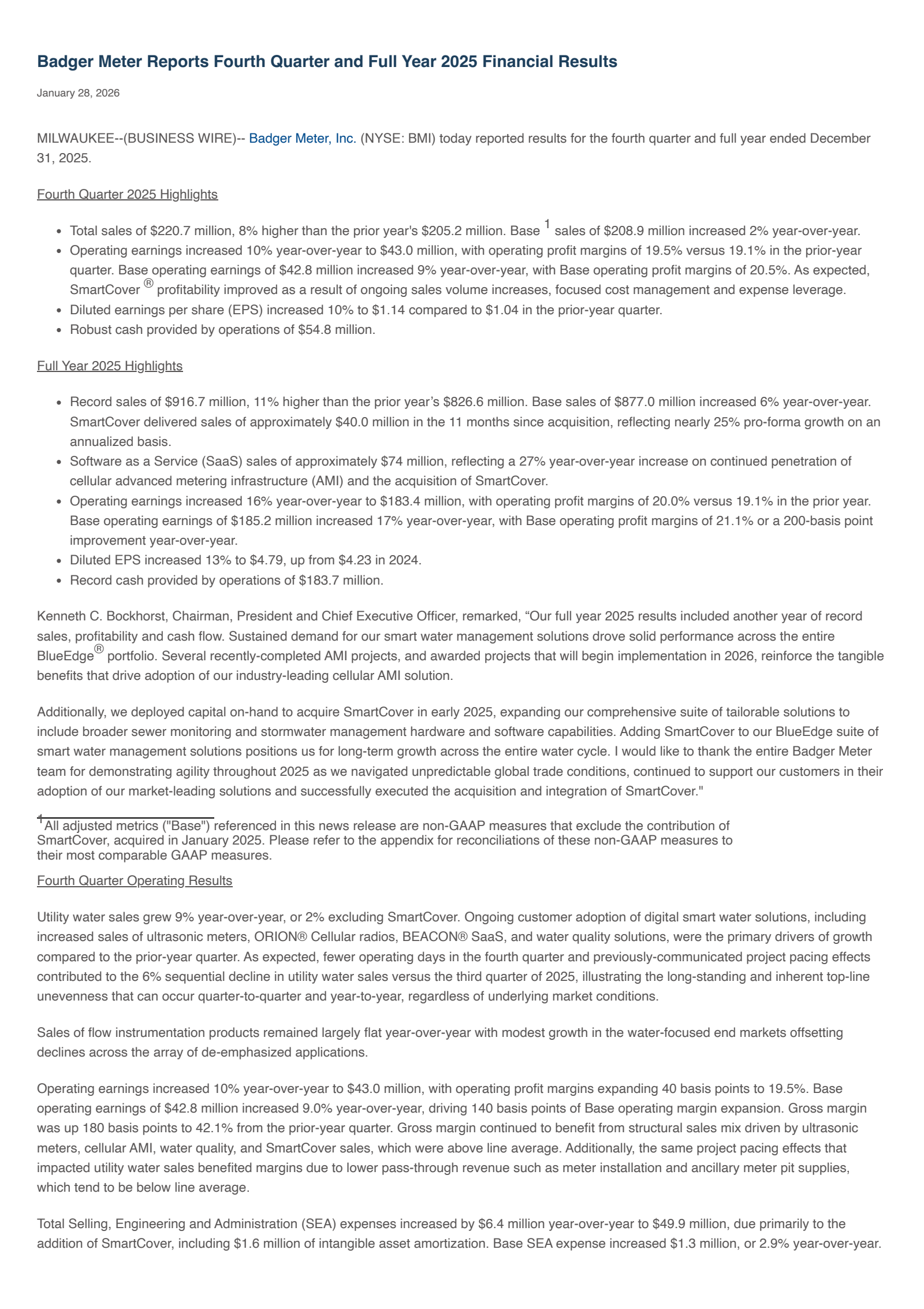 Badger Meter's Q4 2025 Press Release