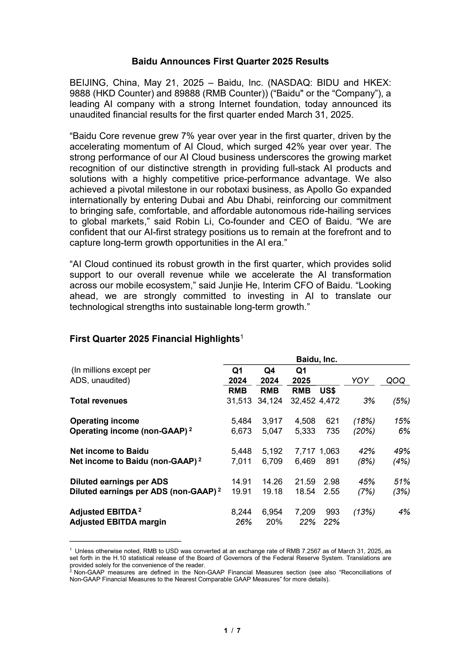Baidu's Q1 2025 Earnings Release