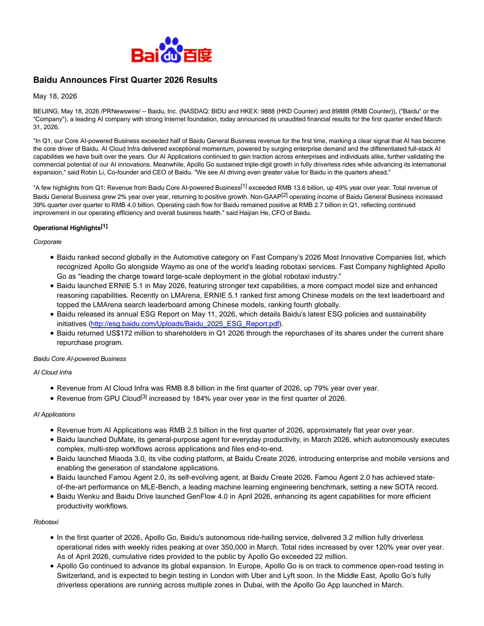Baidu's Q1 2026 Press Release
