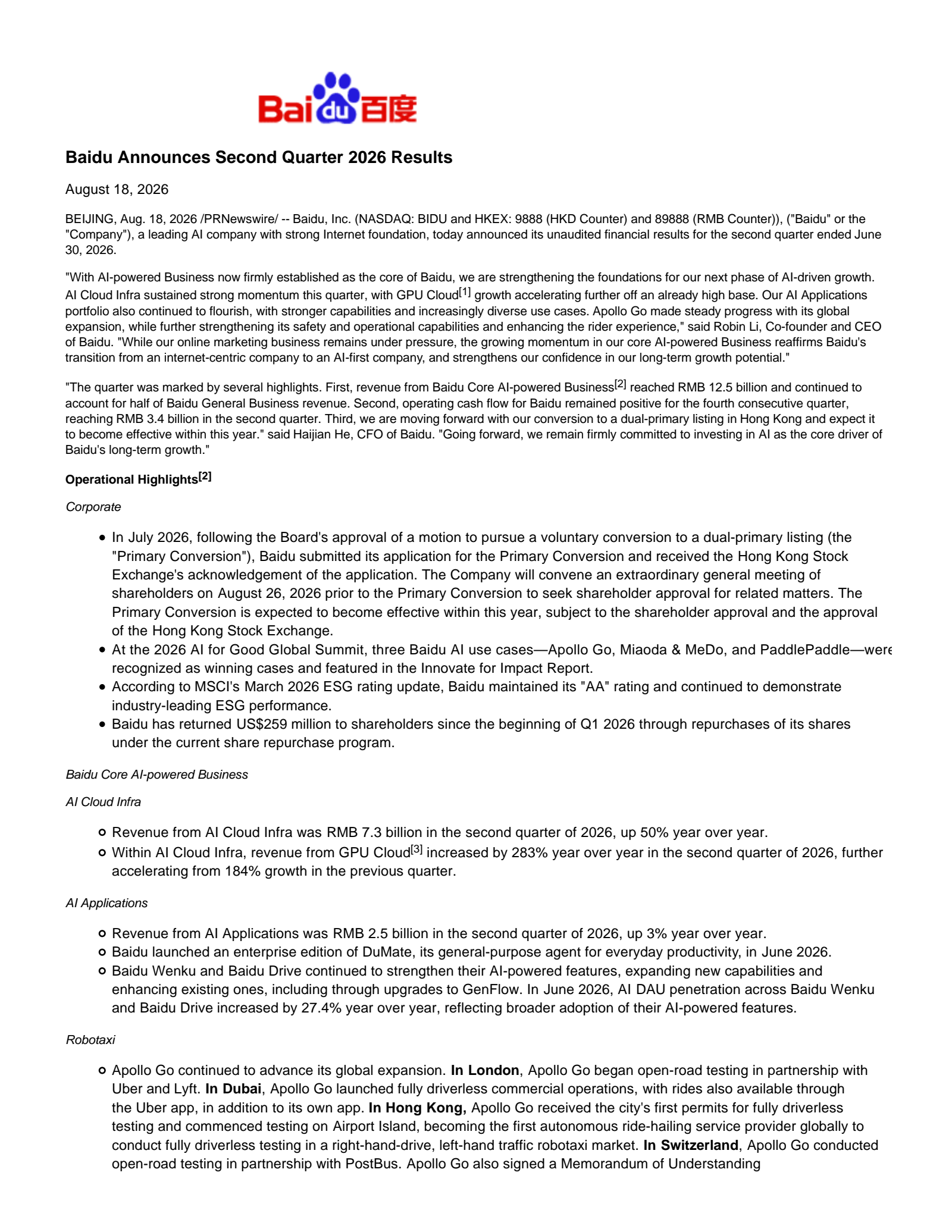 Baidu's Q2 2026 Press Release