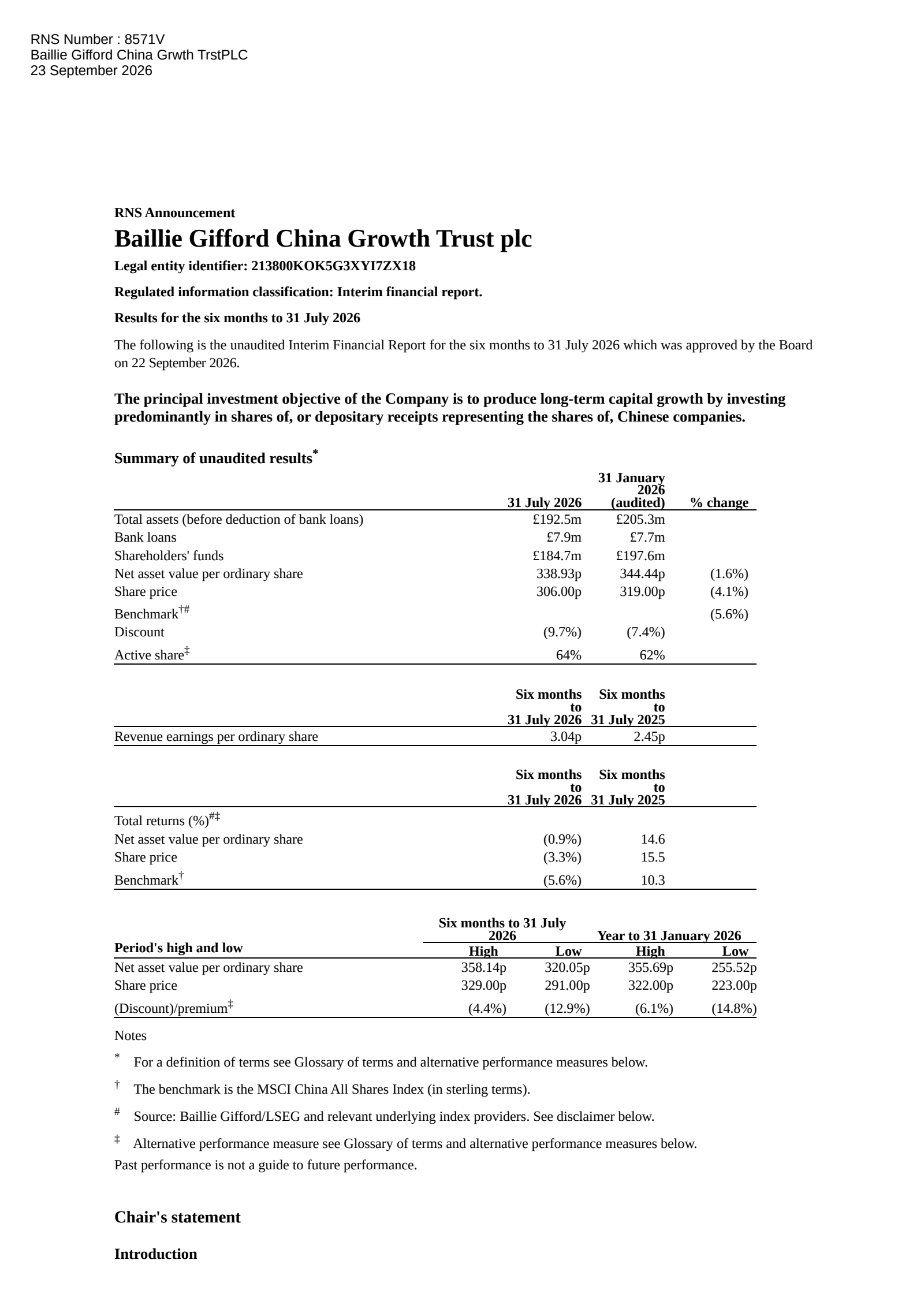 Baillie Gifford China Growth Trust's H1 2026 Interim report